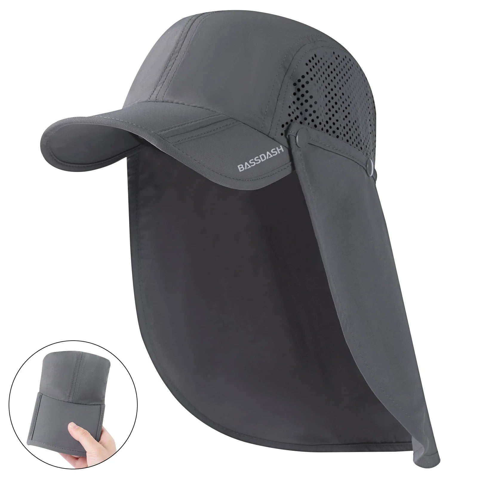 BASSDASH UPF 50+ Foldable Fishing Hat Baseball Cap with Removable Neck Flap Portable for Men Women Golf Hiking