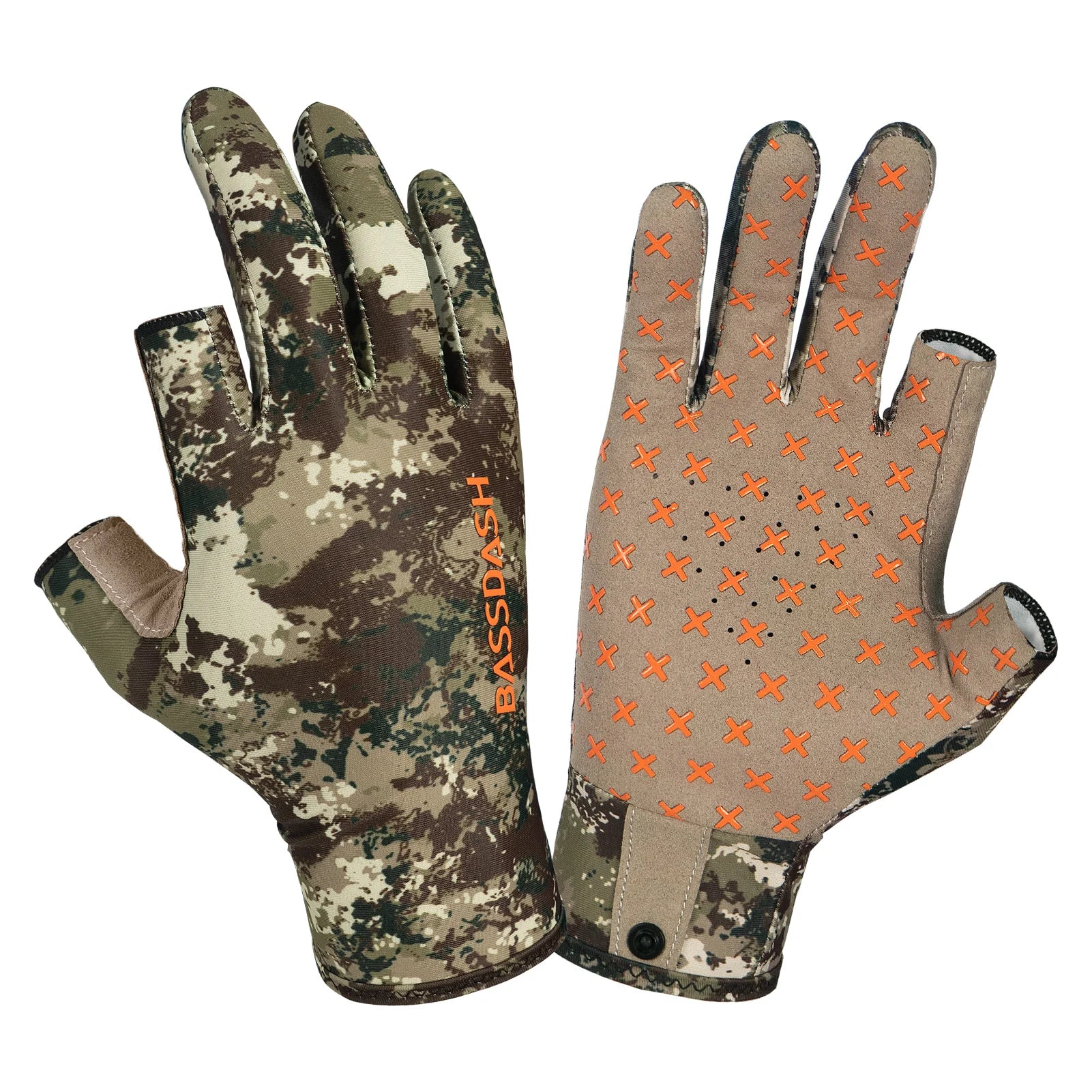 Guantes de caza unisex sin dedos BASSDASH con camuflaje para hombre y mujer, para clima cálido, pesca, UPF 50+
