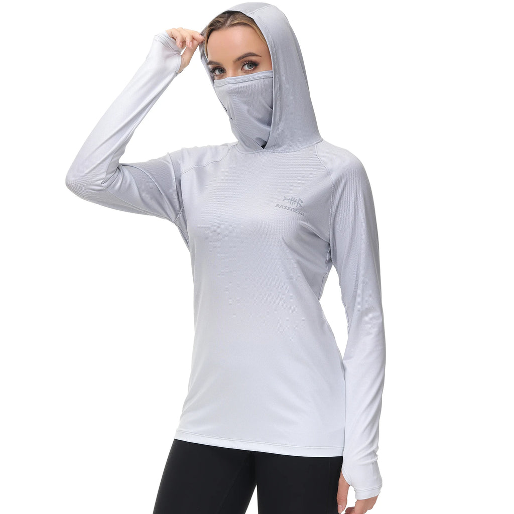 Sudadera con capucha de pesca Bassdash para mujer con protección solar UPF 50+ y orificios para los pulgares para la mascarilla