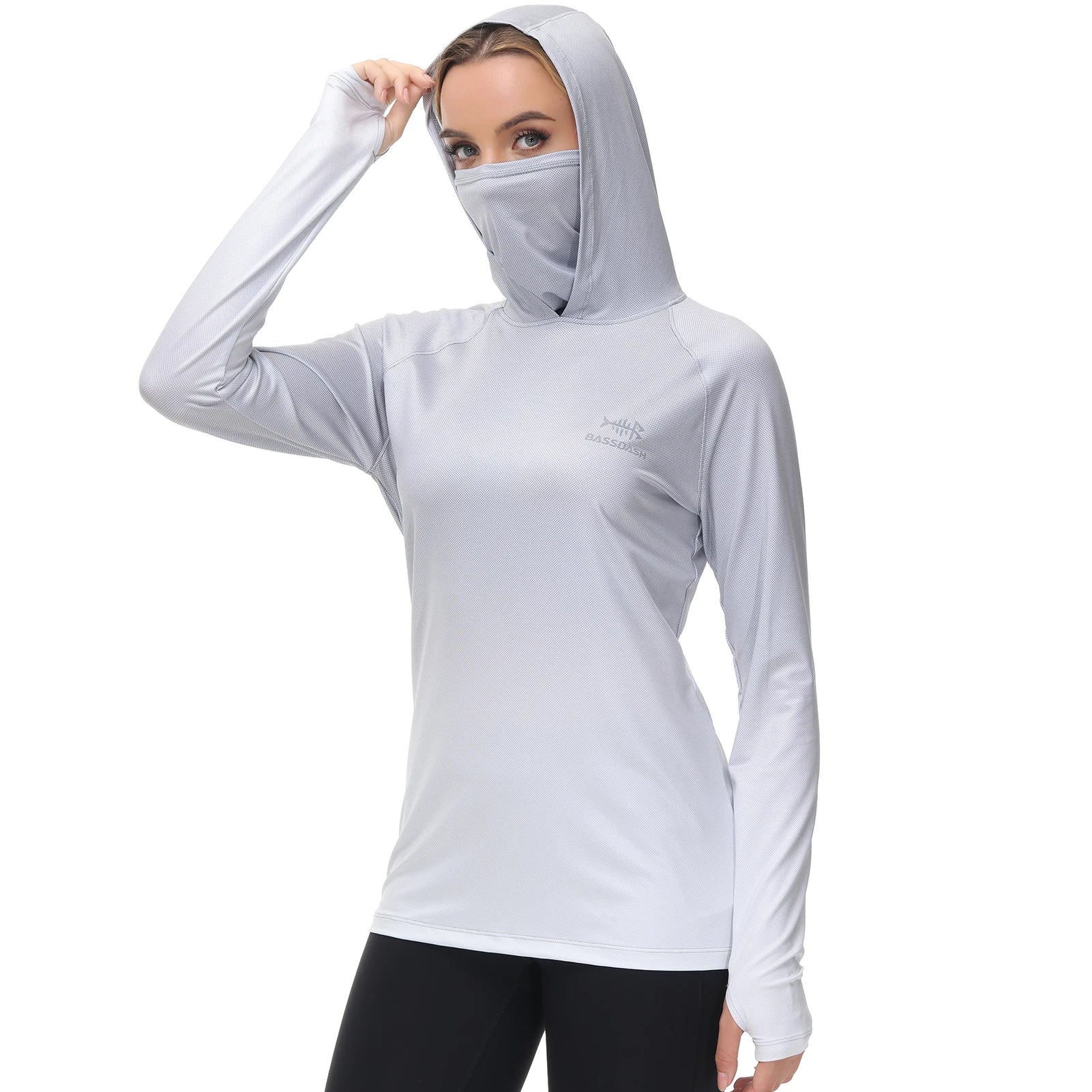 Sudadera con capucha de pesca Bassdash para mujer con protección solar UPF 50+ y orificios para los pulgares para la mascarilla