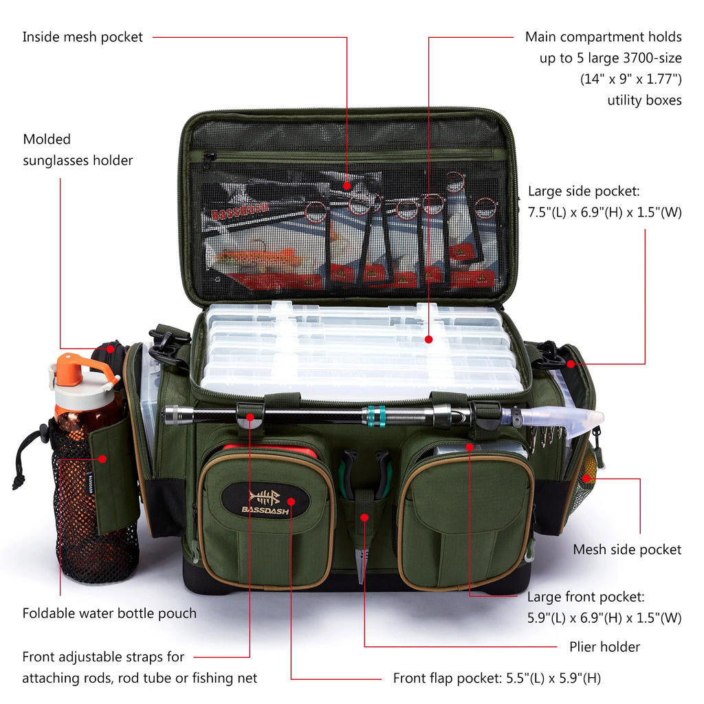 Bolsa de hombro BASSDASH para accesorios de pesca, ligera, resistente al agua, con funda protectora para lluvia y parte inferior moldeada rígida