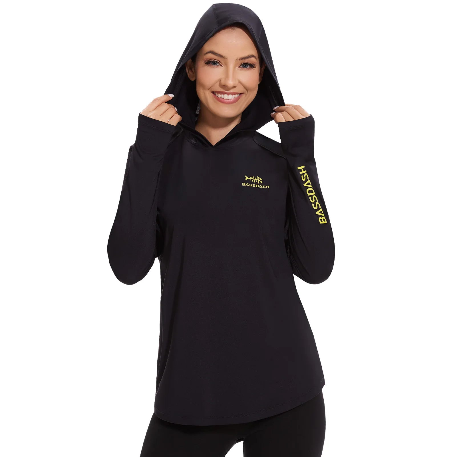 BASSDASH - Sudadera ligera de pesca con capucha y bolsillo para mujer, con protección solar UPF 50+, manga larga