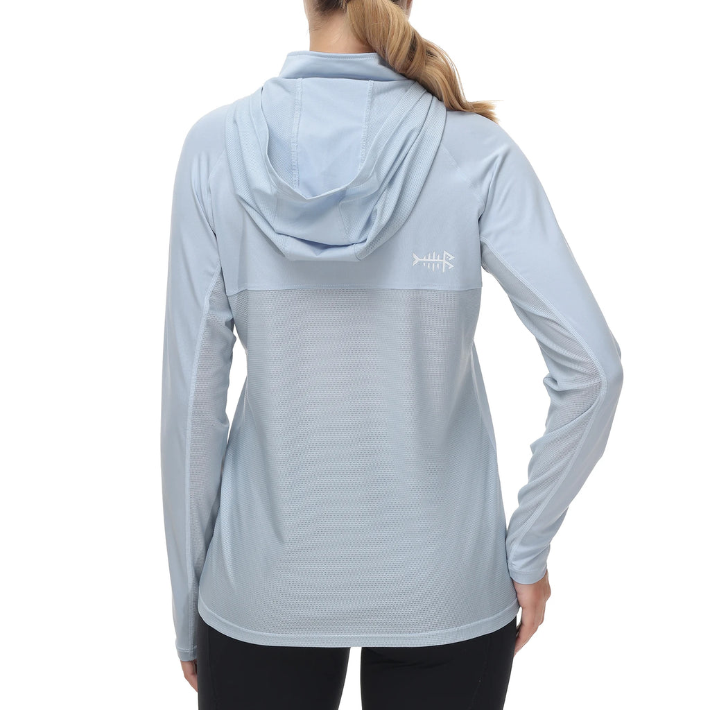 Camiseta Bassdash de manga larga con capucha y media cremallera para mujer, con protección UV UPF 50+, ideal para pesca y senderismo