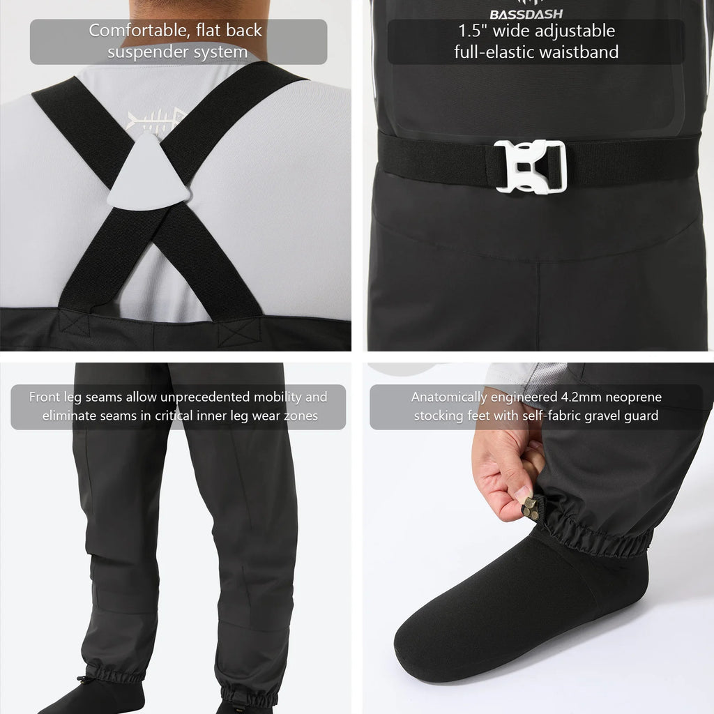 BASSDASH Men’s Lightweight Breathable Chest Wader Black Camo Stockingfoot for Fly Fishing Hunting FW11