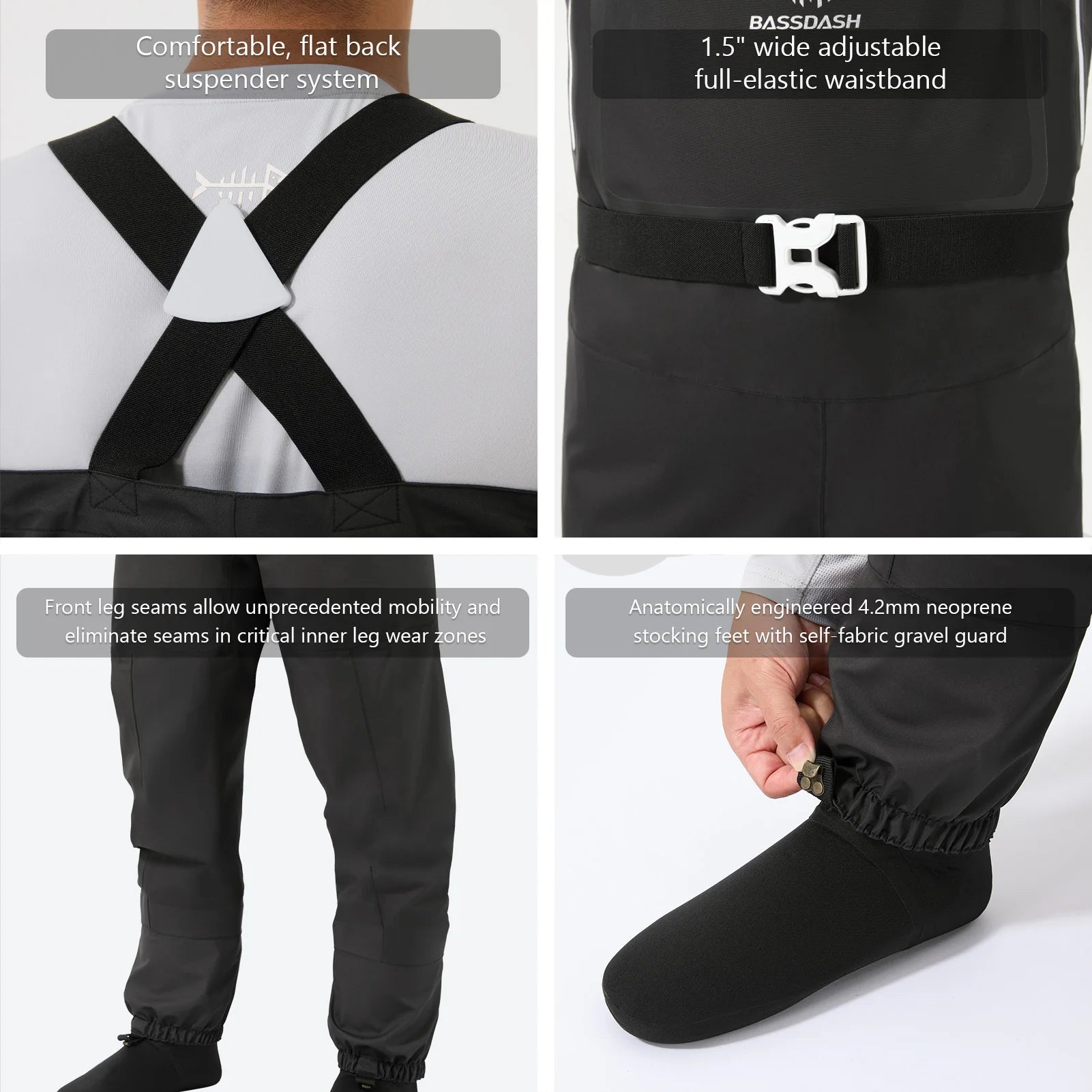 BASSDASH Men’s Lightweight Breathable Chest Wader Black Camo Stockingfoot for Fly Fishing Hunting FW11