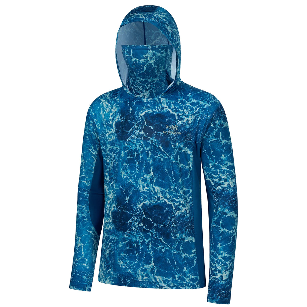 BASSDASH - Sudadera con capucha de manga larga para hombre, con protección solar, para pesca, senderismo, UPF 50+, camuflaje, con mascarilla y polaina ligera para el cuello