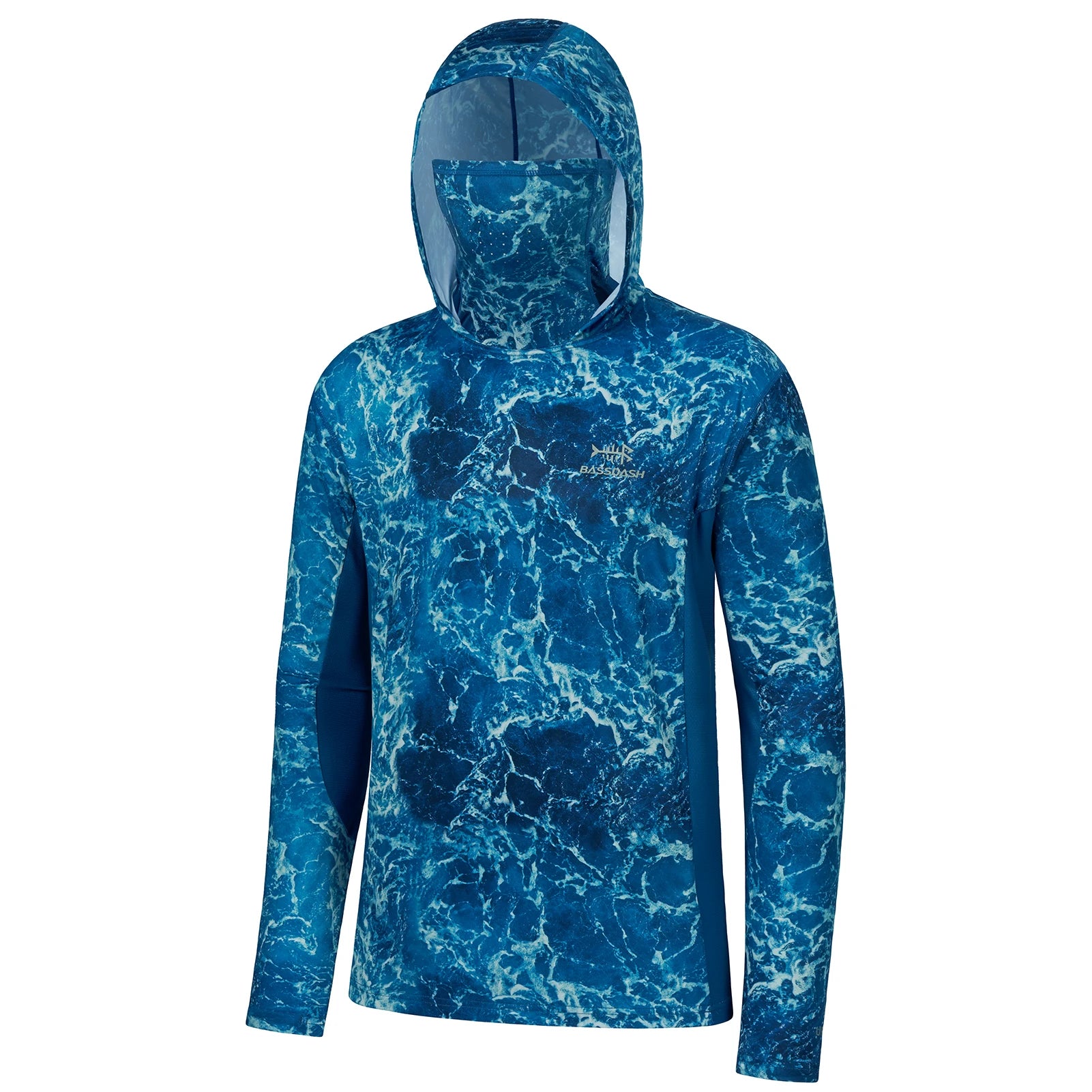 BASSDASH - Sudadera con capucha de manga larga para hombre, con protección solar, para pesca, senderismo, UPF 50+, camuflaje, con mascarilla y polaina ligera para el cuello