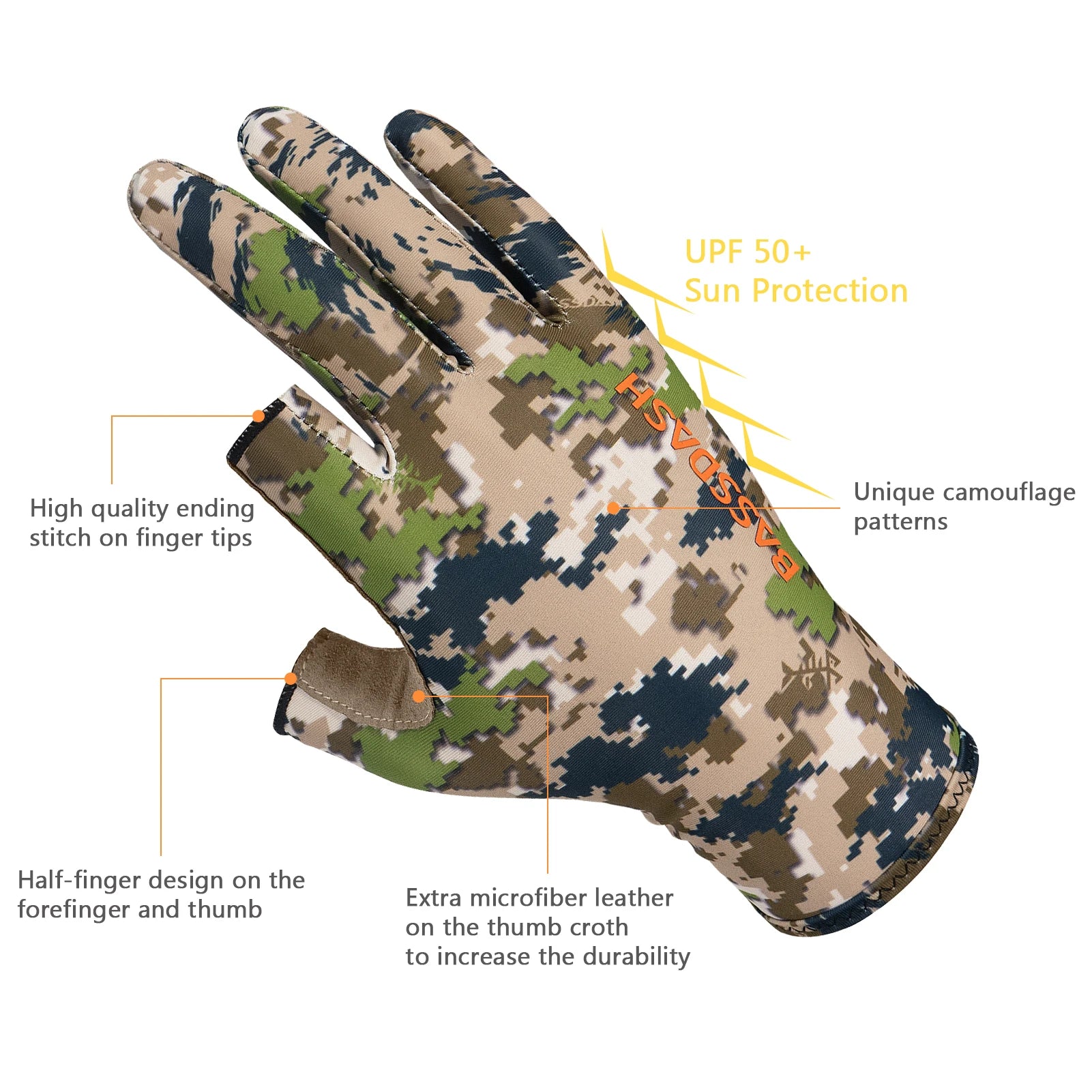 Guantes de caza unisex sin dedos BASSDASH con camuflaje para hombre y mujer, para clima cálido, pesca, UPF 50+