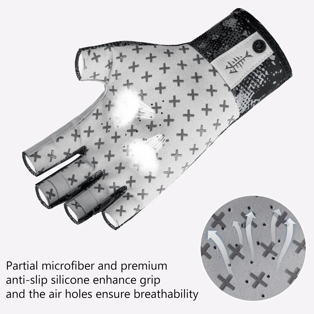 BASSDASH Guantes solares transpirables de 3/4 dedos con protección UPF 50+ y palma de silicona antideslizante para hombres y mujeres, para pescar, ciclismo, correr, sin dedos