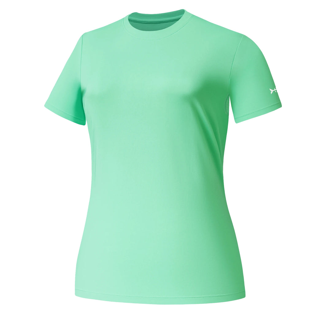 BASSDASH Camiseta de manga corta con cuello redondo y FPS 50+ para mujer, protección solar, refrescante, para pesca, senderismo, informal