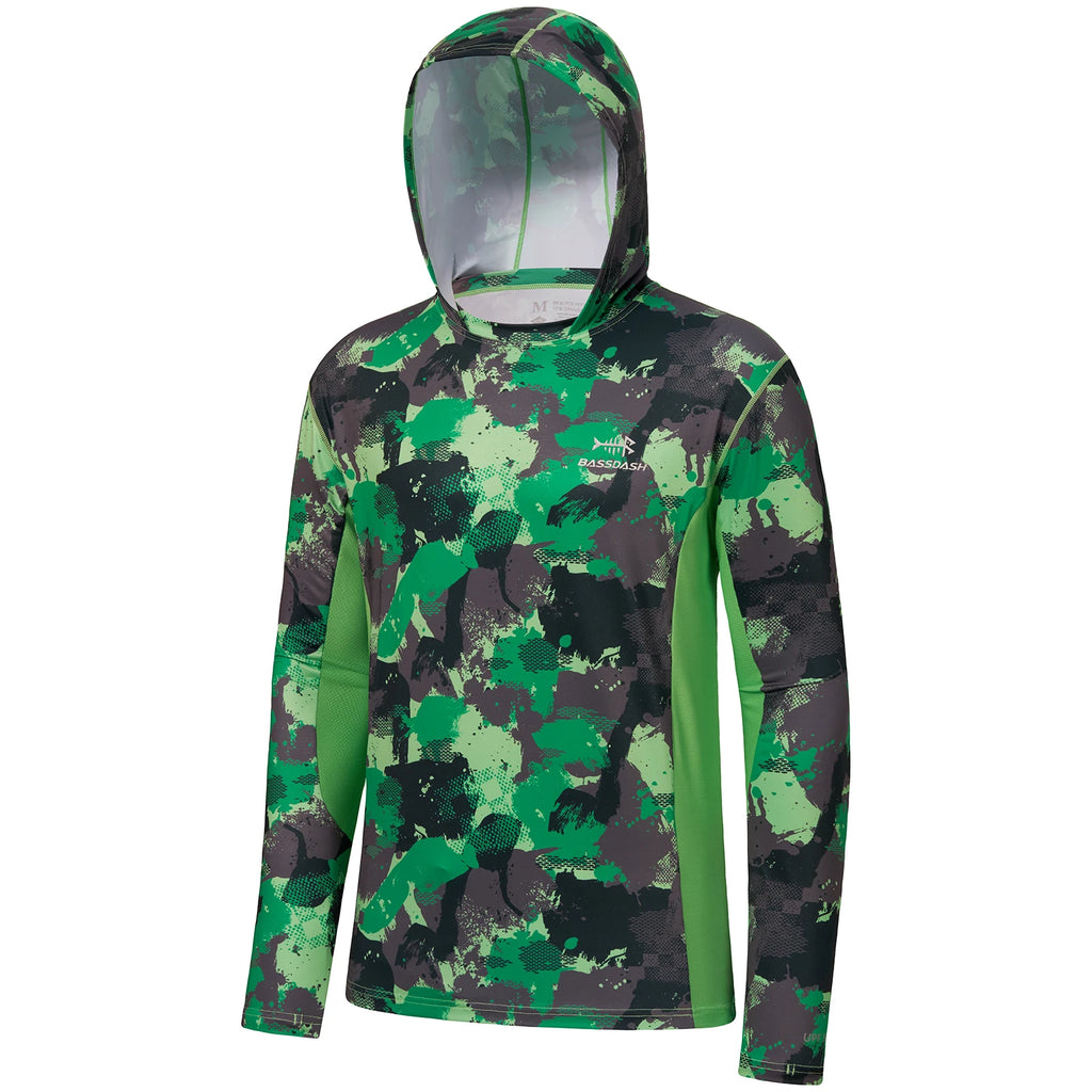 BASSDASH - Sudadera con capucha de manga larga para hombre, con protección solar, para pesca, senderismo, UPF 50+, camuflaje, con mascarilla y polaina ligera para el cuello