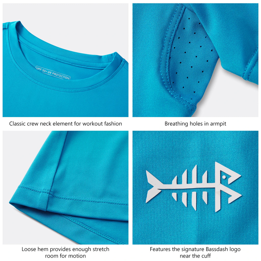 BASSDASH Camiseta de manga corta con cuello redondo y FPS 50+ para mujer, protección solar, refrescante, para pesca, senderismo, informal