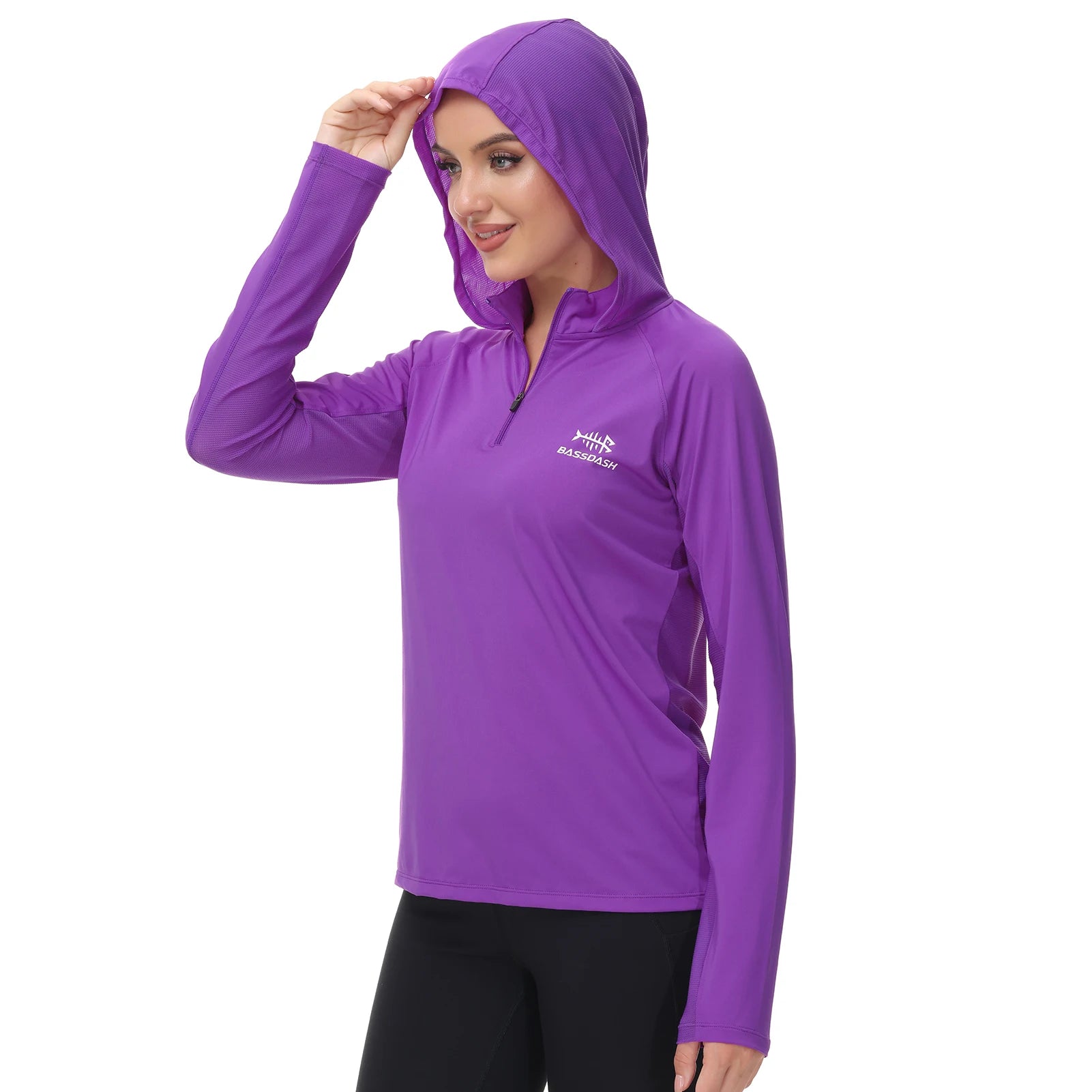 Camiseta Bassdash de manga larga con capucha y media cremallera para mujer, con protección UV UPF 50+, ideal para pesca y senderismo