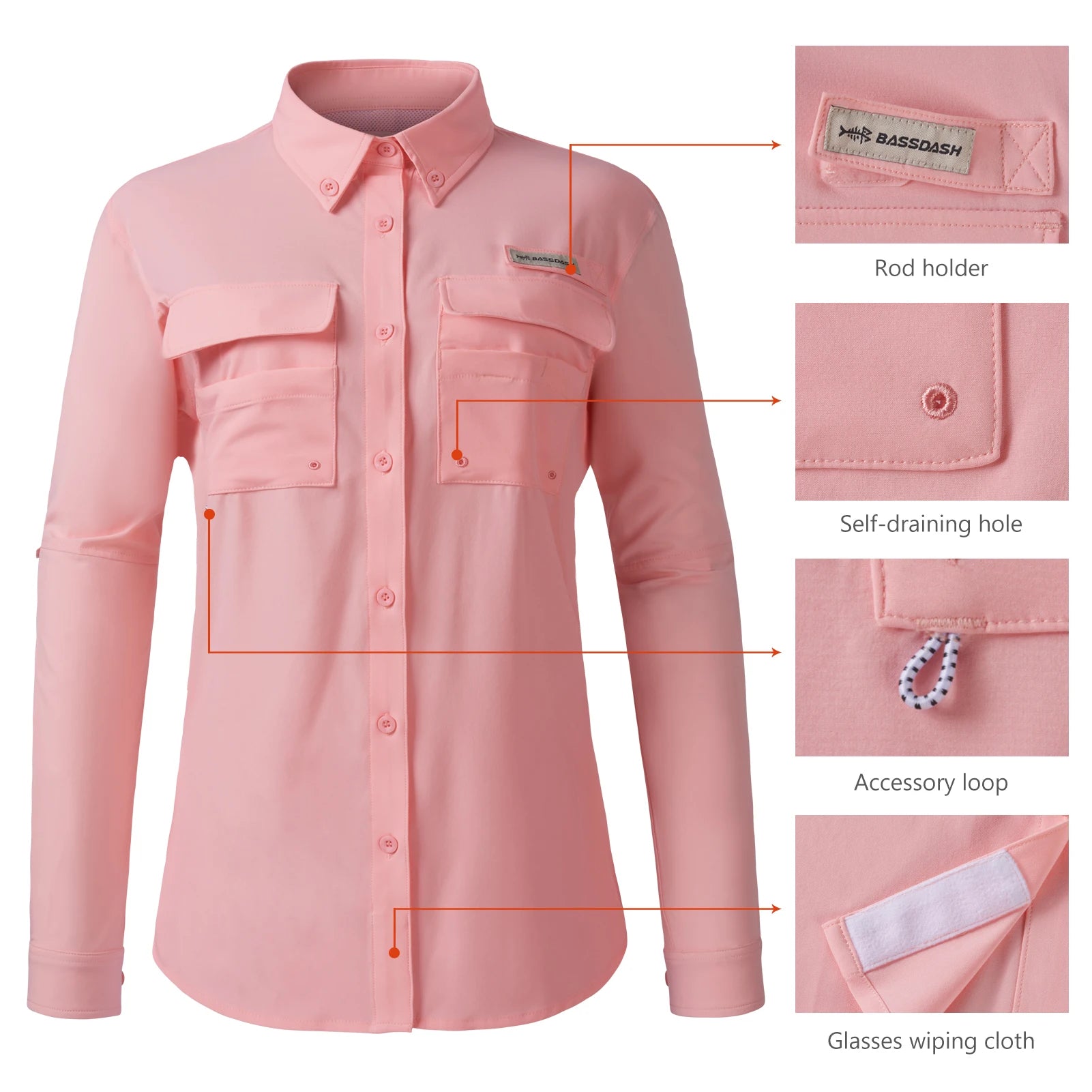 BASSDASH Camisa de pesca de manga larga para mujer, lisa, con botones, multibolsillos, transpirable, de secado rápido, UPF 50, prenda exterior superior
