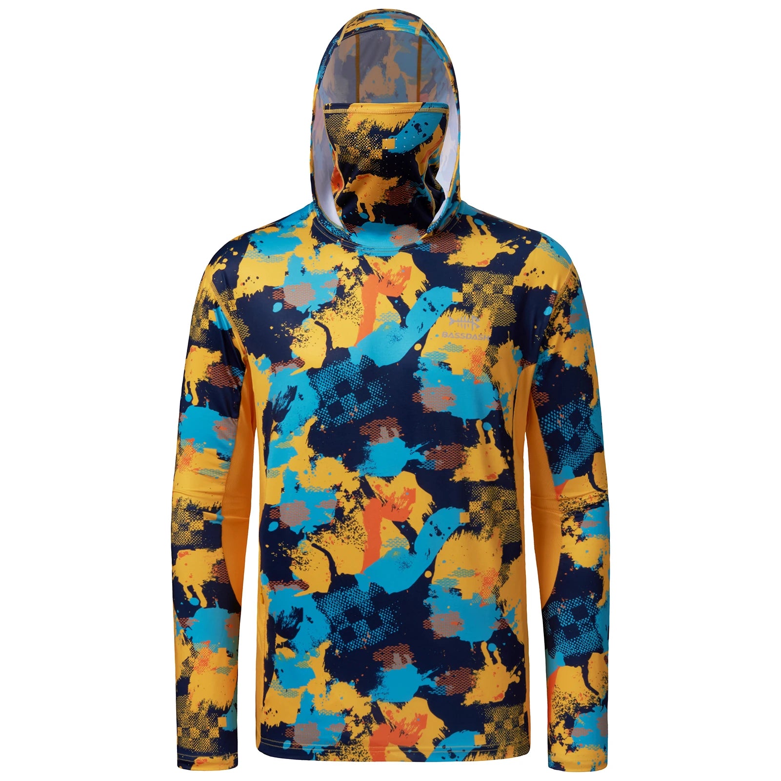 BASSDASH - Sudadera con capucha de manga larga para hombre, con protección solar, para pesca, senderismo, UPF 50+, camuflaje, con mascarilla y polaina ligera para el cuello