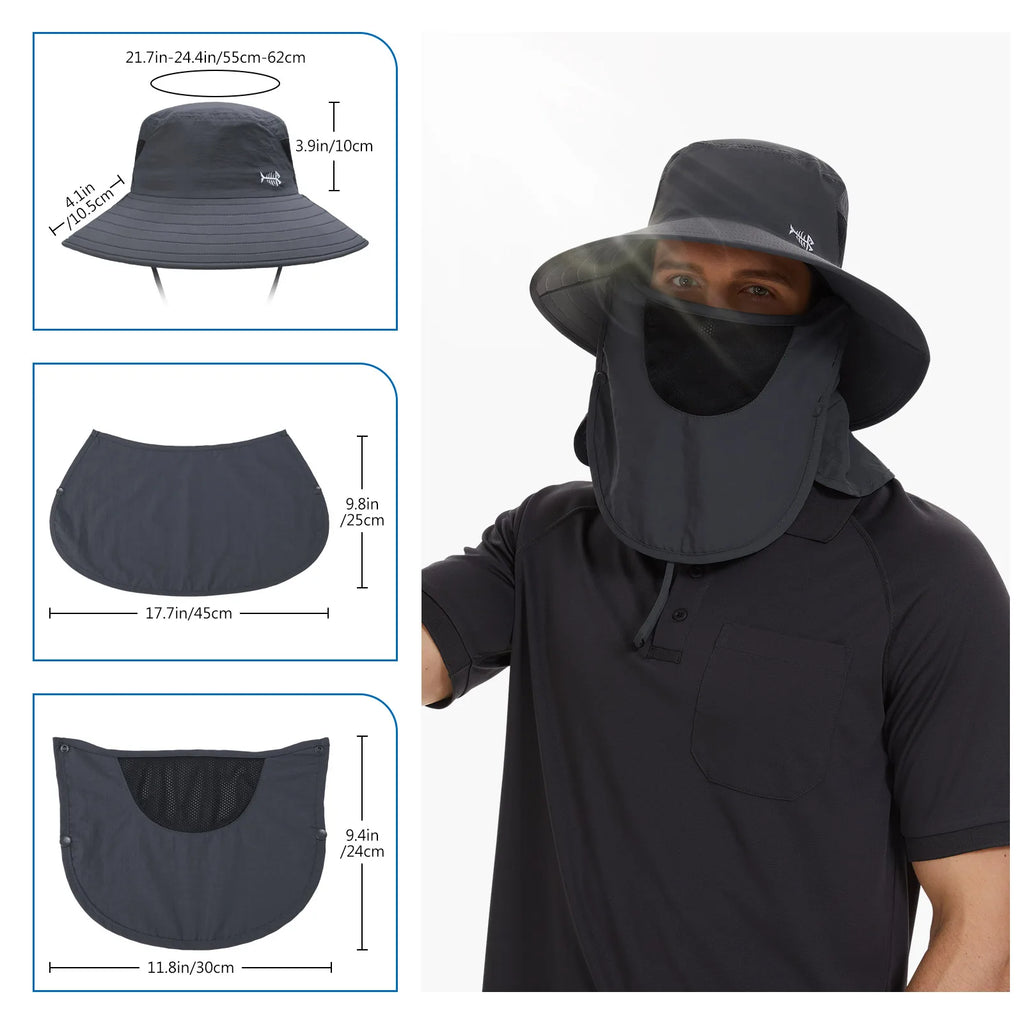 Bassdash UPF 50+ Breathable Sun Hat with Removable Face Cover and Neck Flap Unisex Water Resistant Wide Brim Bucket Hat