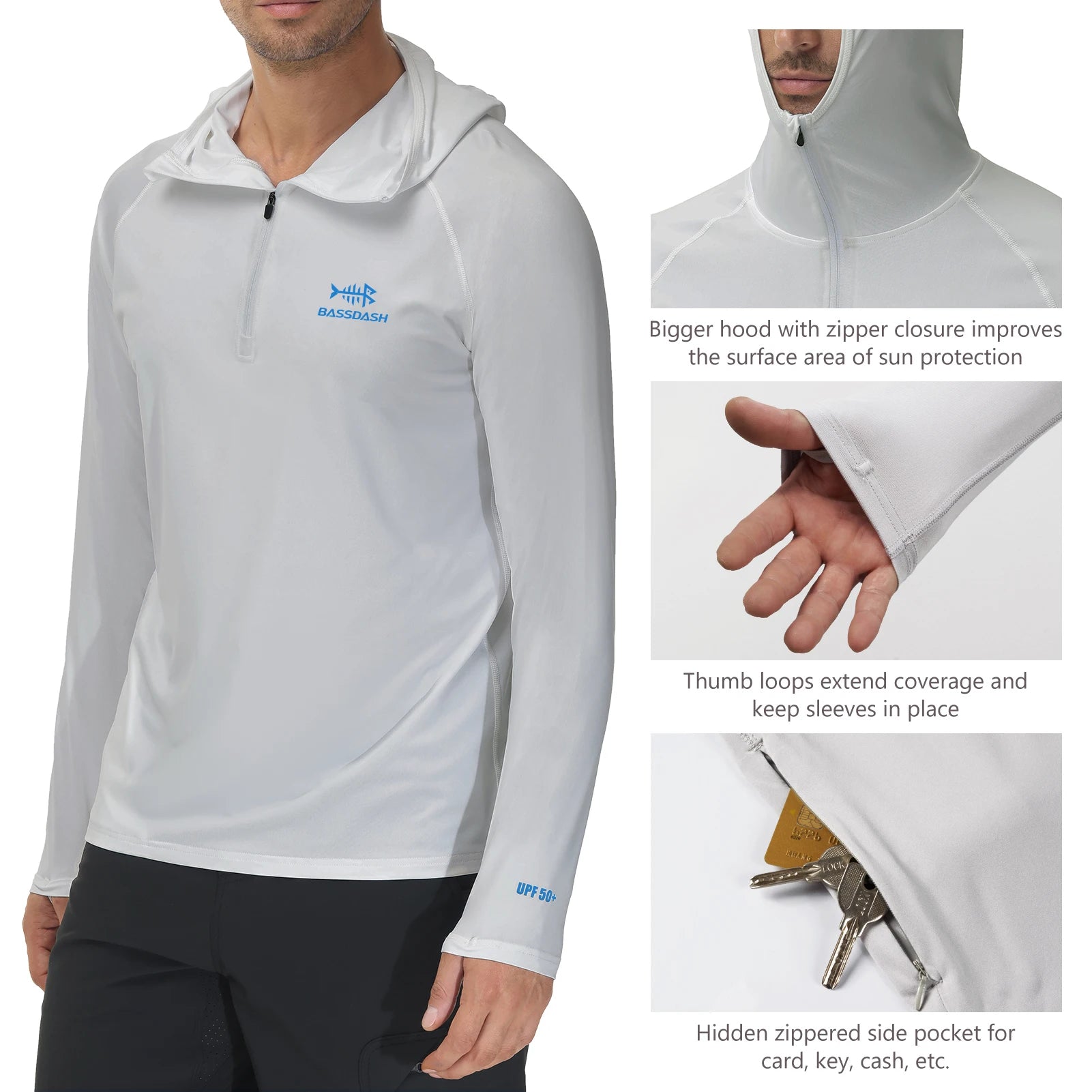 BASSDASH Men’s 1/4 Zip Fishing Hoodie Shirt UPF 50+ Quick Dry Performance Long Sleeve Sun Protection FS24M