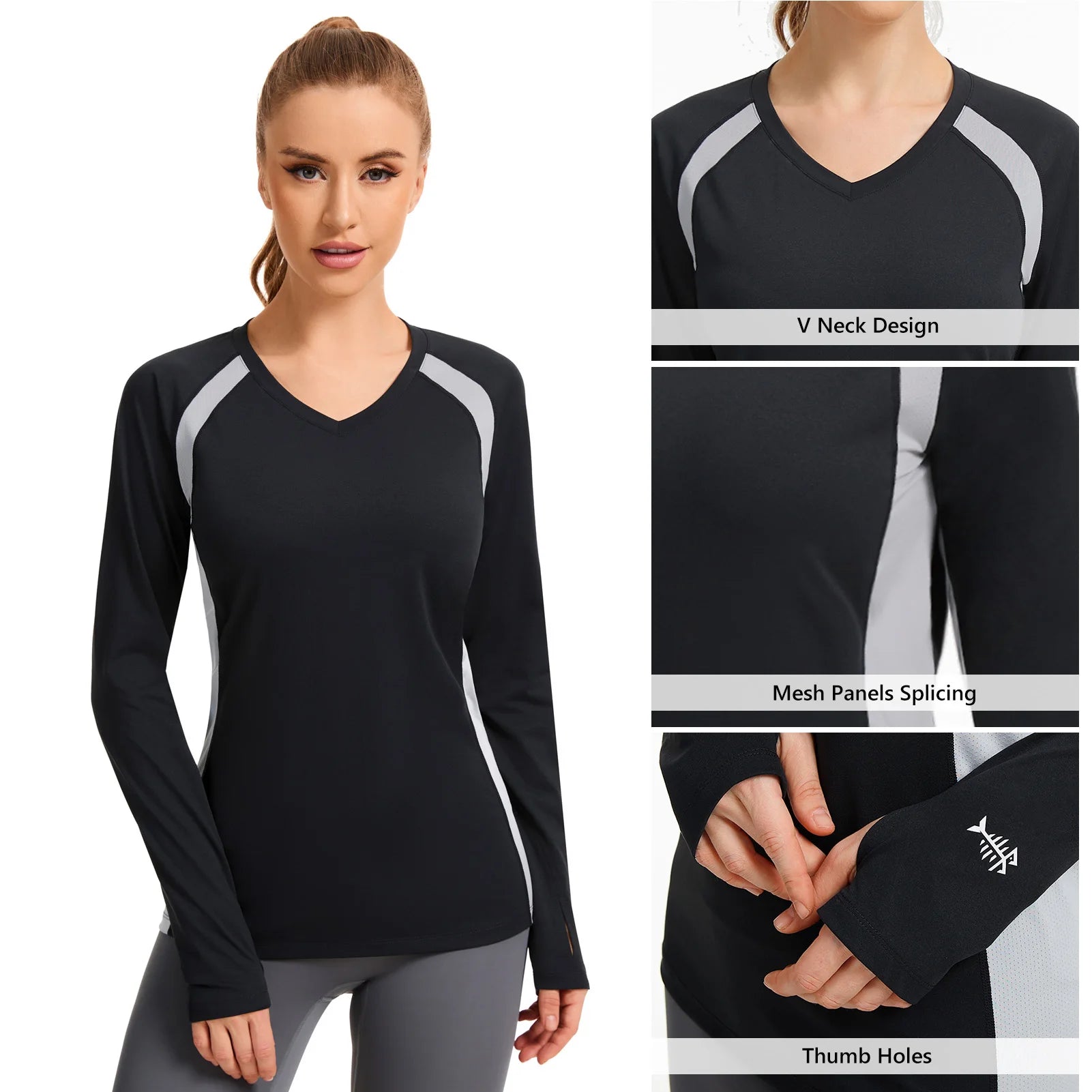 BASSDASH - Camiseta de pesca antiarrugas para mujer, con protección solar UPF 50+, cuello en V, transpirable, para senderismo