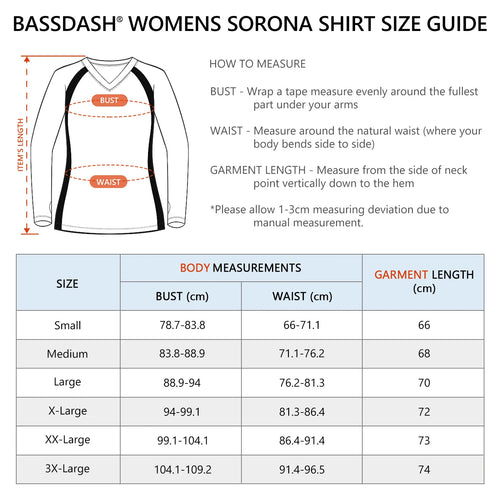 BASSDASH - Camiseta de pesca antiarrugas para mujer, con protección solar UPF 50+, cuello en V, transpirable, para senderismo