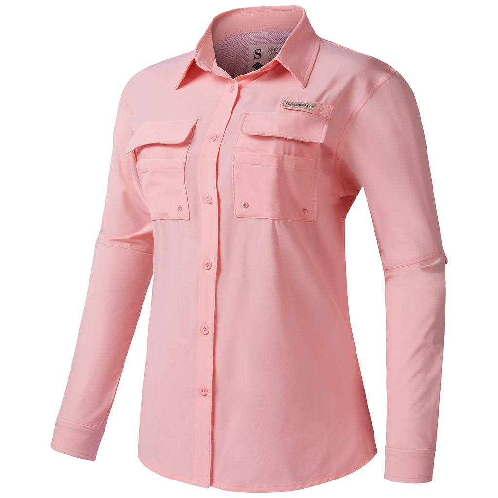 BASSDASH Camisa de pesca de manga larga para mujer, lisa, con botones, multibolsillos, transpirable, de secado rápido, UPF 50, prenda exterior superior
