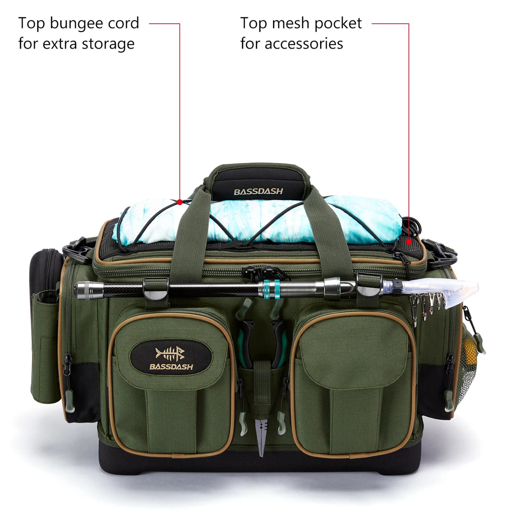 Bolsa de hombro BASSDASH para accesorios de pesca, ligera, resistente al agua, con funda protectora para lluvia y parte inferior moldeada rígida