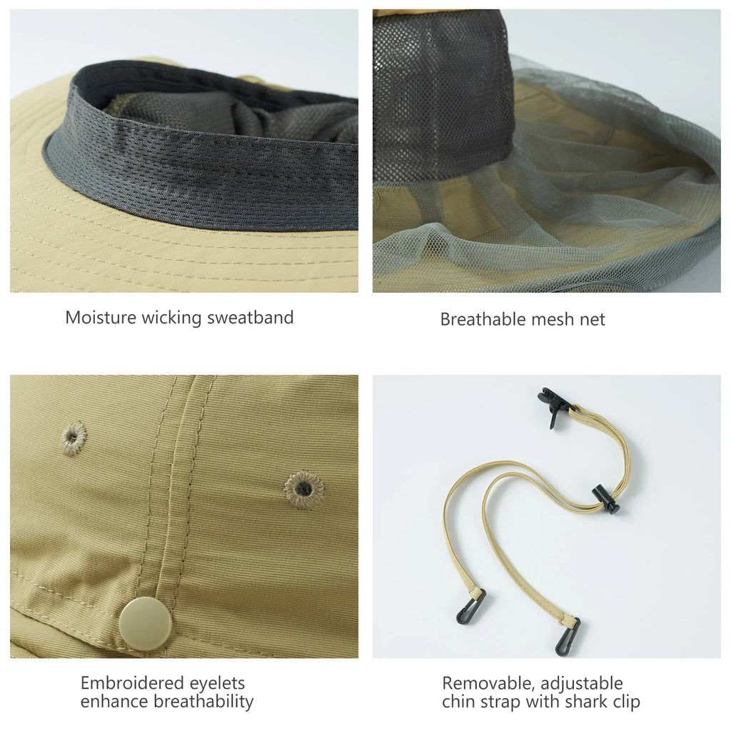 BASSDASH Sombrero antimosquitos con mosquitera oculta y solapa para el cuello para hombres y mujeres, pesca al aire libre, senderismo, camping, UPF 50+