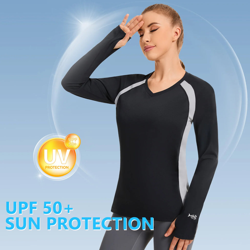 BASSDASH - Camiseta de pesca antiarrugas para mujer, con protección solar UPF 50+, cuello en V, transpirable, para senderismo