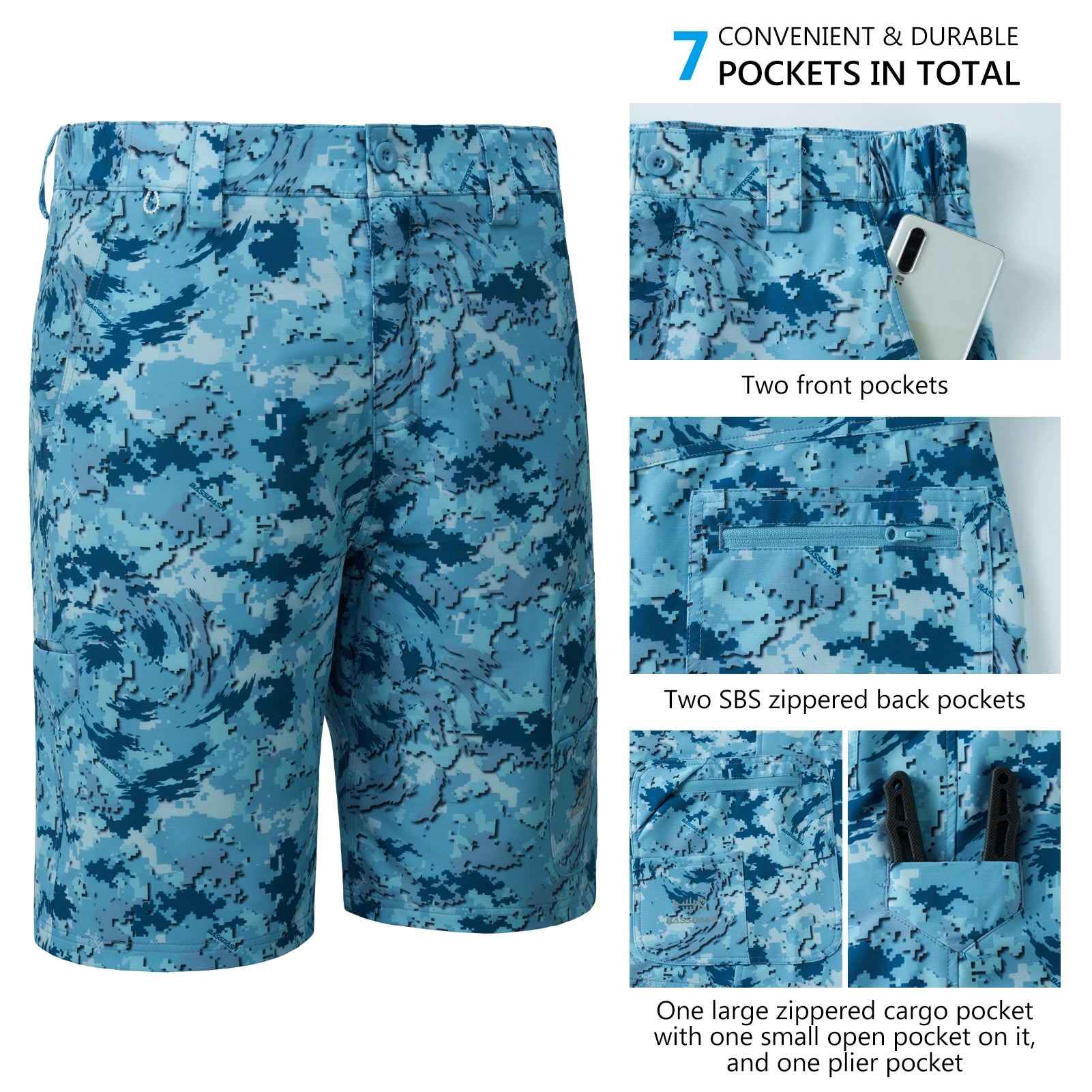 Pantalones cortos de pesca Bassdash para hombre, resistentes al agua, con bolsillos con cremallera, de secado rápido, de camuflaje, tácticos, para golf y senderismo