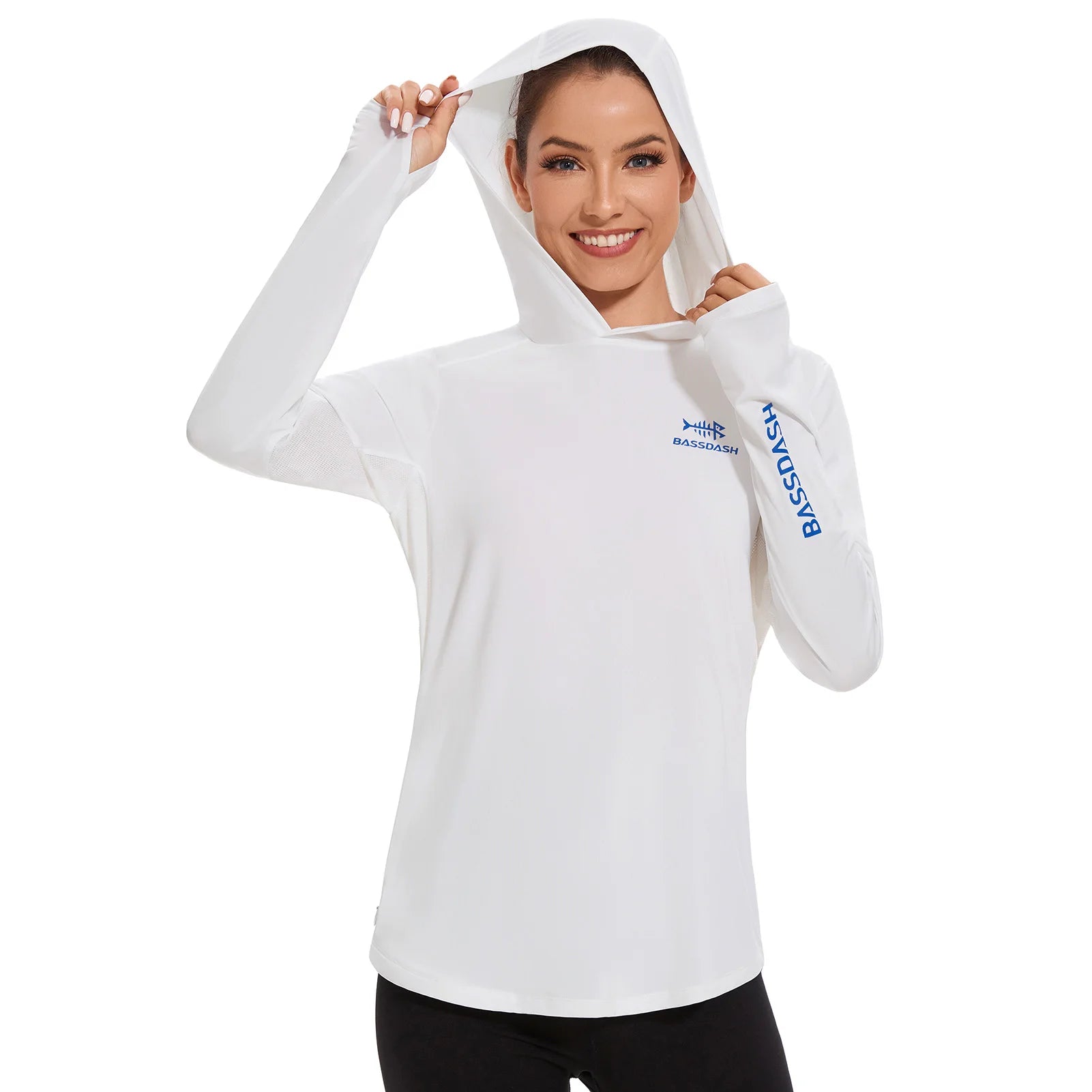 BASSDASH - Sudadera ligera de pesca con capucha y bolsillo para mujer, con protección solar UPF 50+, manga larga