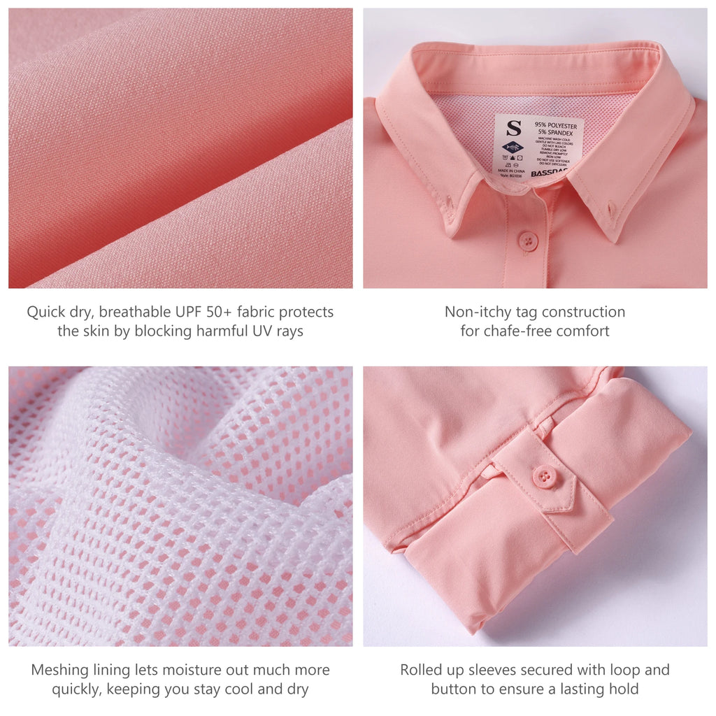 BASSDASH Camisa de pesca de manga larga para mujer, lisa, con botones, multibolsillos, transpirable, de secado rápido, UPF 50, prenda exterior superior