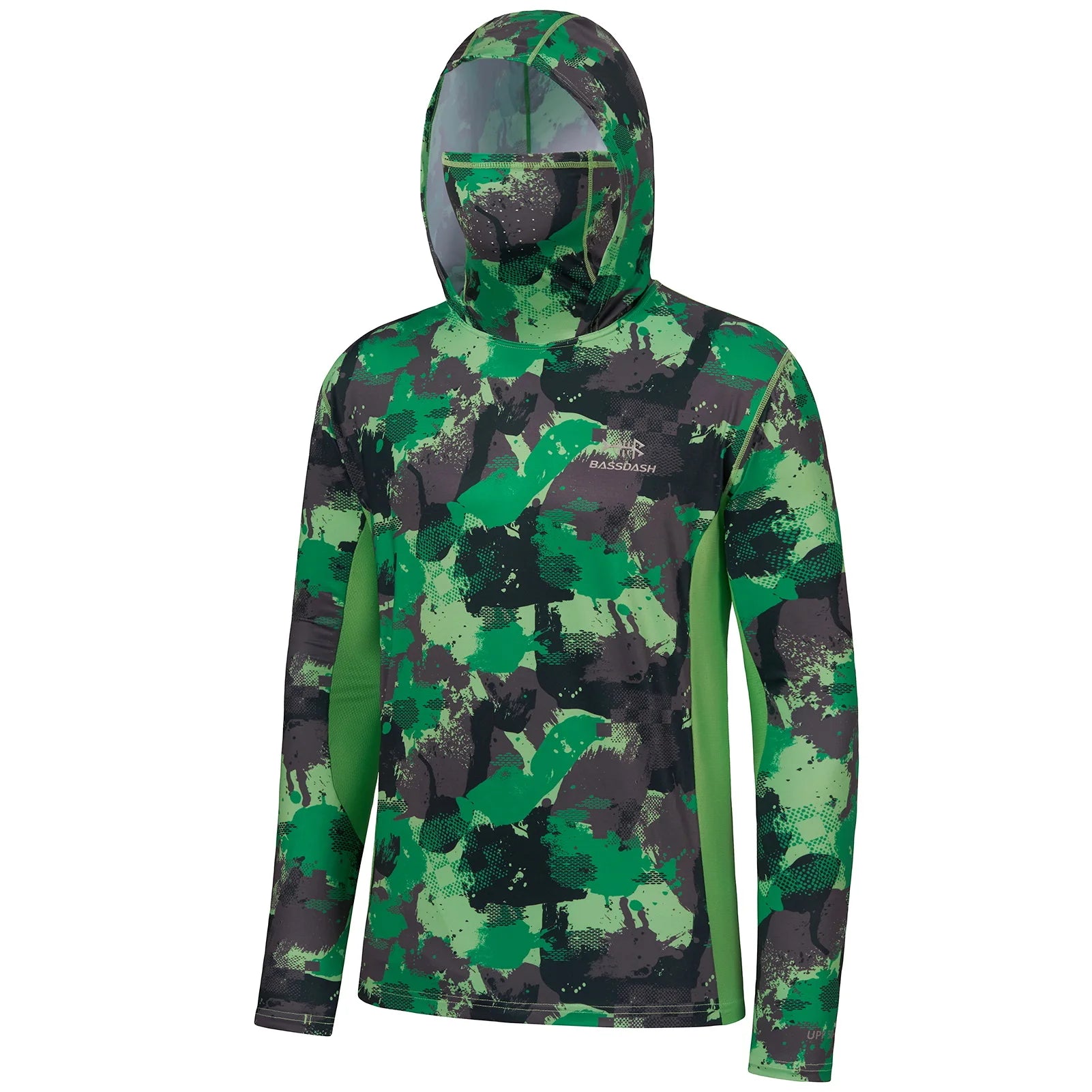 BASSDASH - Sudadera con capucha de manga larga para hombre, con protección solar, para pesca, senderismo, UPF 50+, camuflaje, con mascarilla y polaina ligera para el cuello