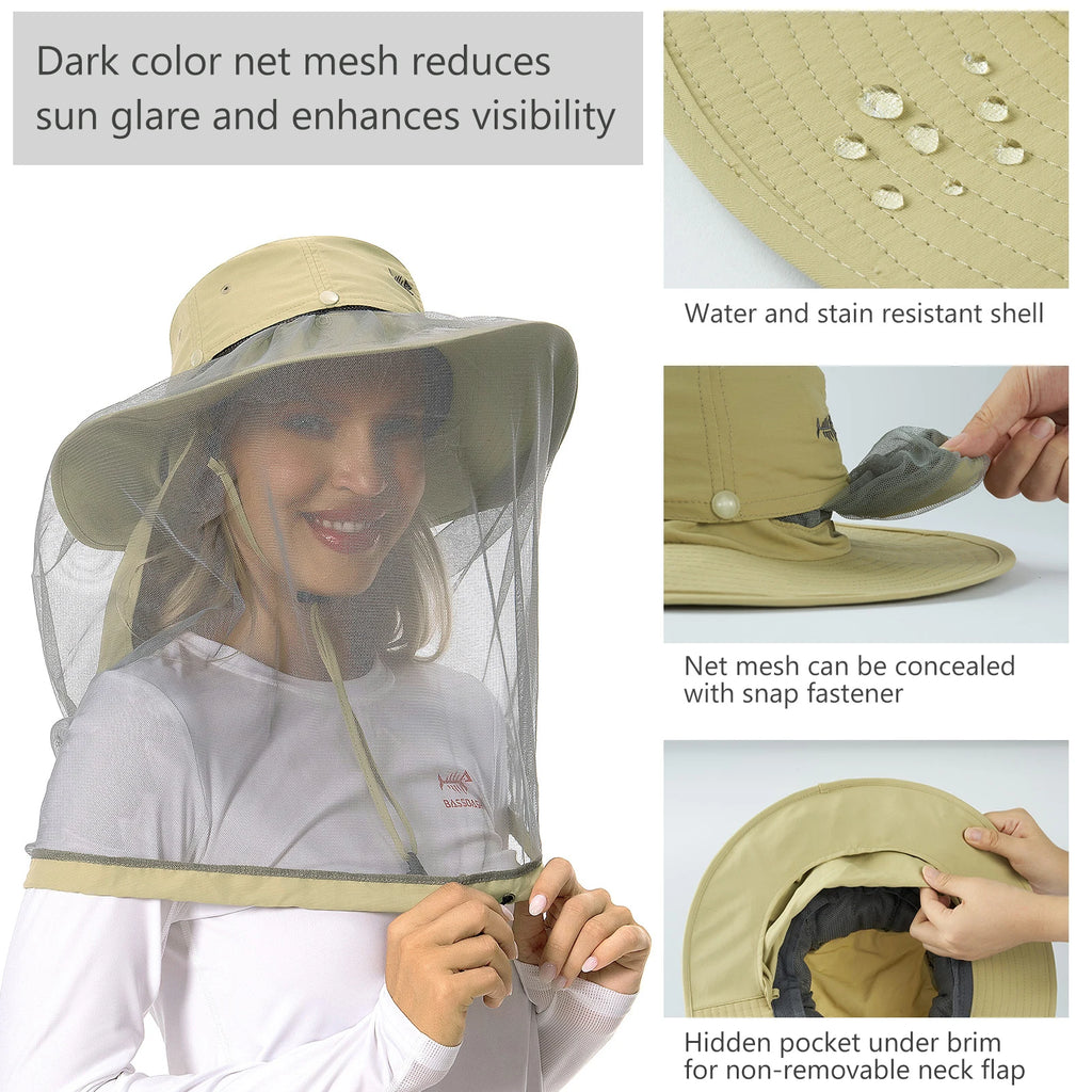 BASSDASH Sombrero antimosquitos con mosquitera oculta y solapa para el cuello para hombres y mujeres, pesca al aire libre, senderismo, camping, UPF 50+