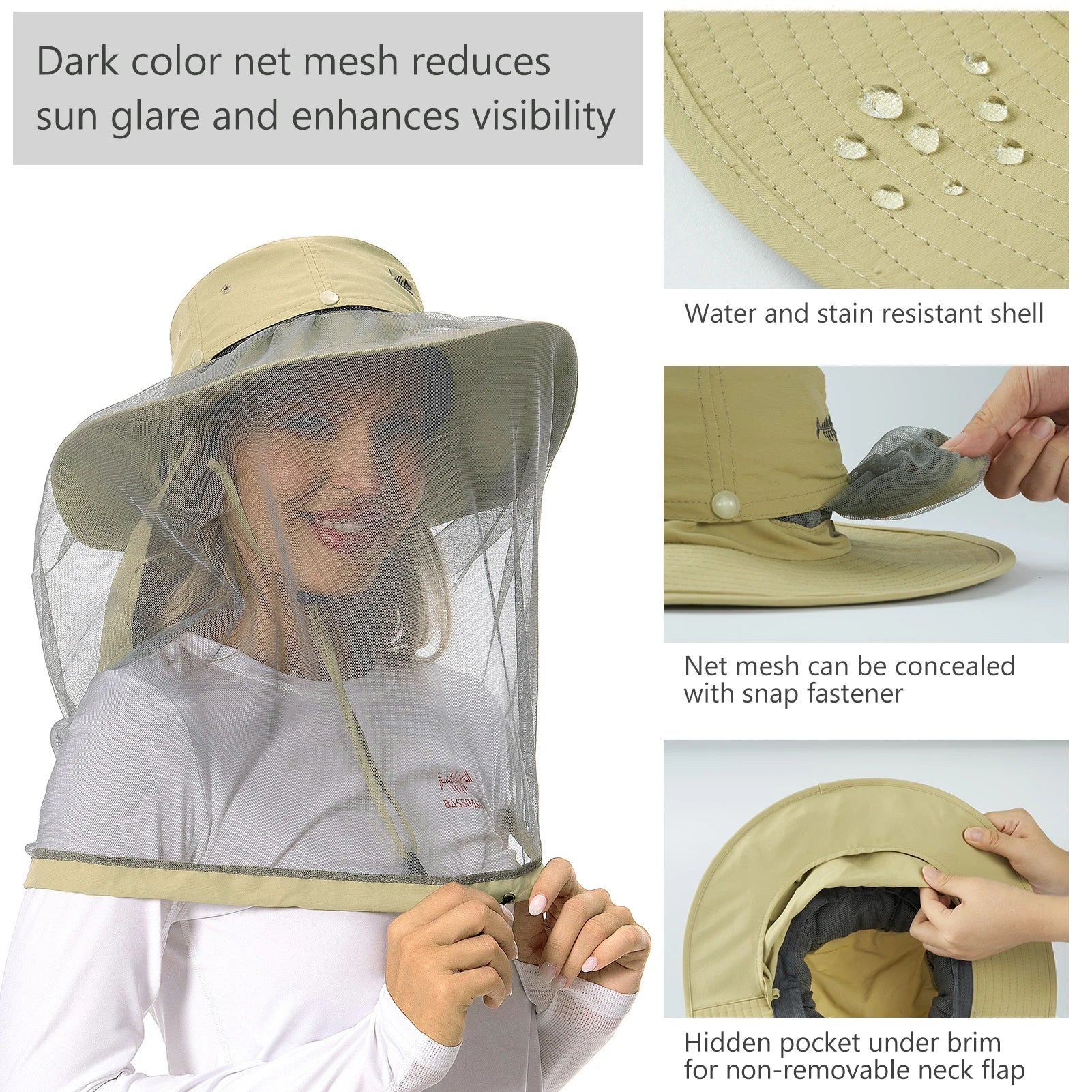 BASSDASH Sombrero antimosquitos con mosquitera oculta y solapa para el cuello para hombres y mujeres, pesca al aire libre, senderismo, camping, UPF 50+