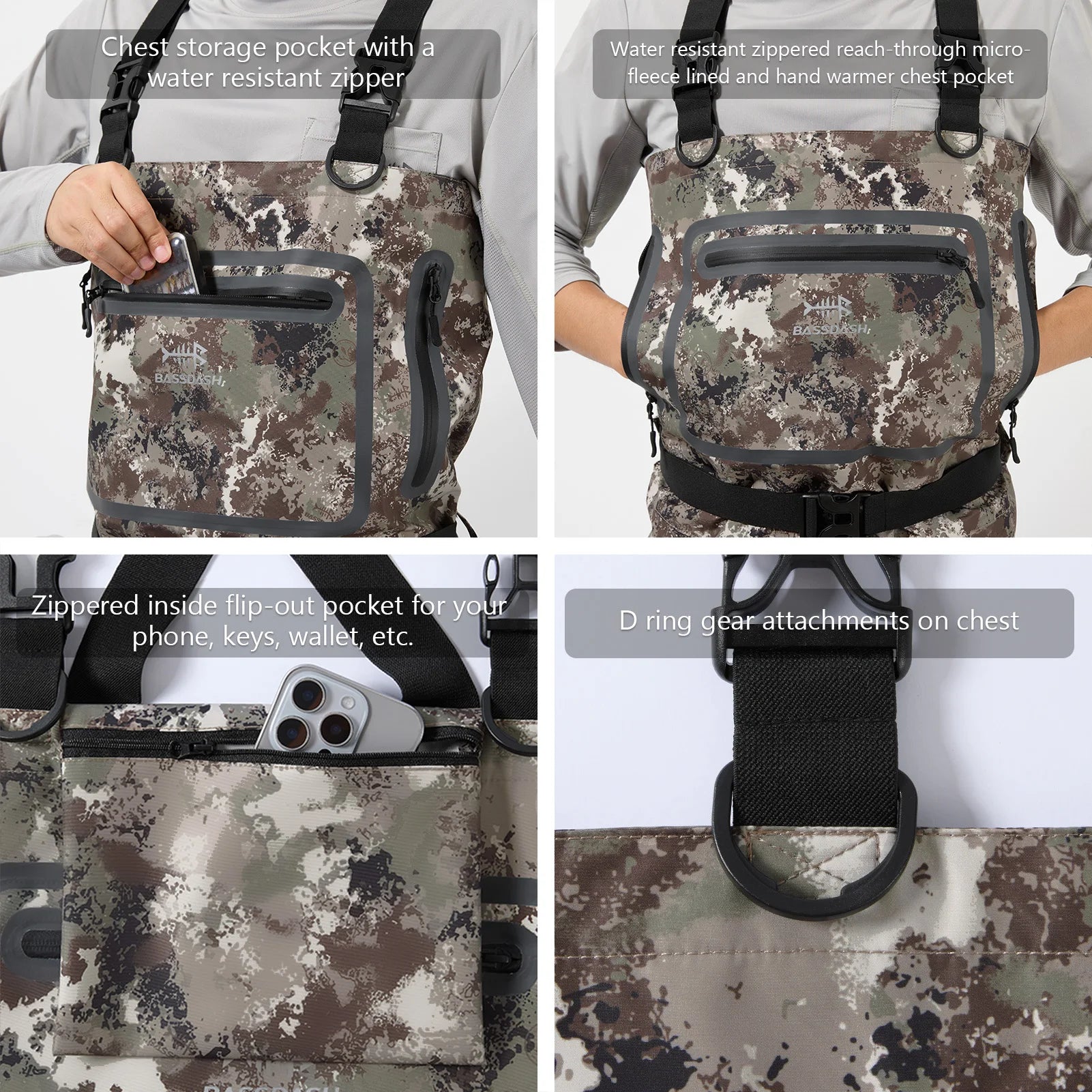BASSDASH Men’s Lightweight Breathable Chest Wader Black Camo Stockingfoot for Fly Fishing Hunting FW11