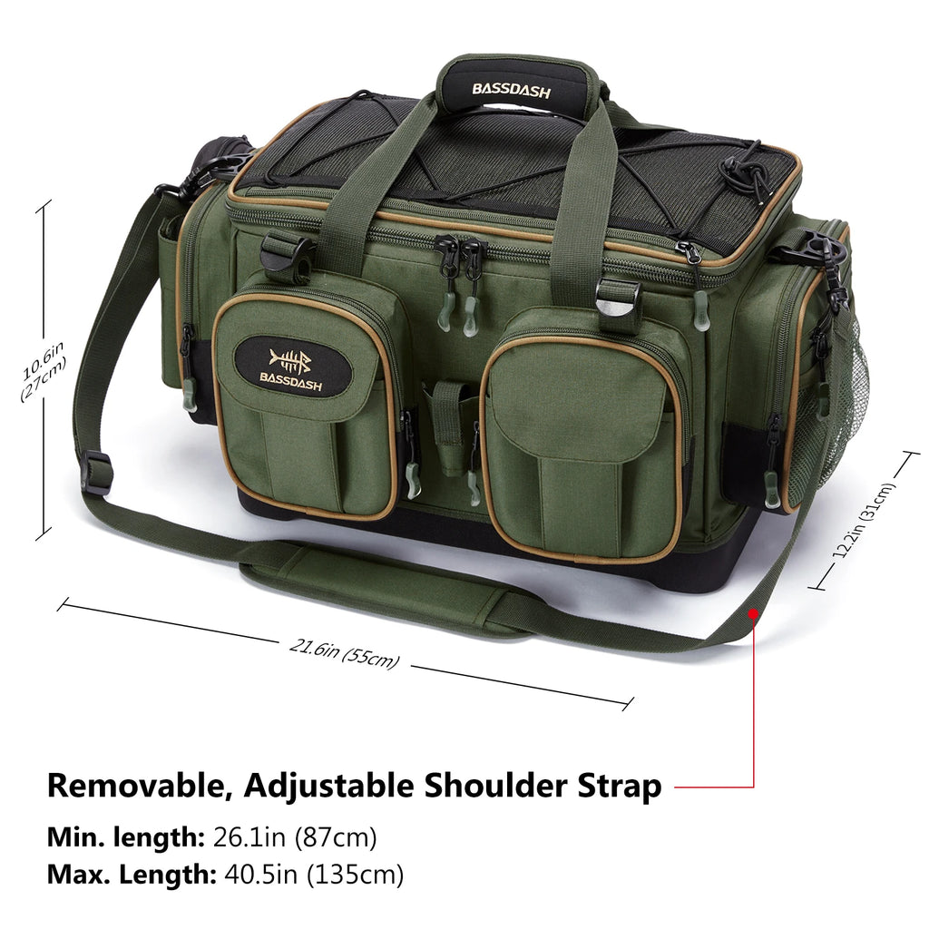 Bolsa de hombro BASSDASH para accesorios de pesca, ligera, resistente al agua, con funda protectora para lluvia y parte inferior moldeada rígida