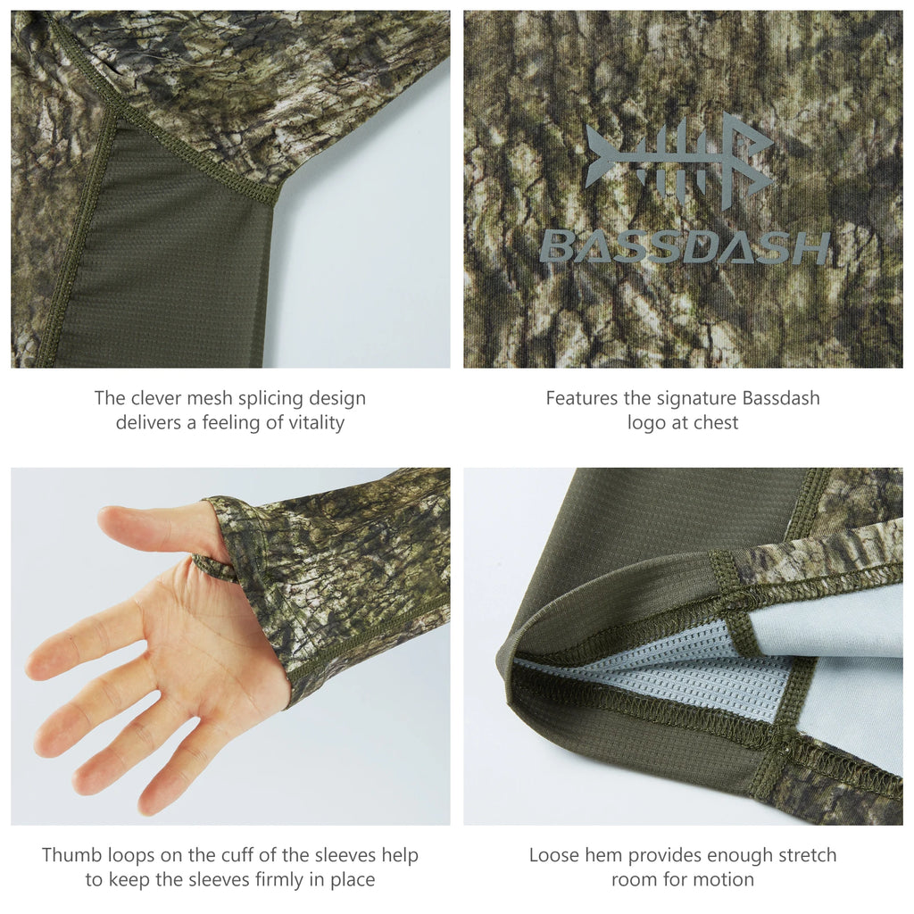 Camisa de manga larga Bassdash para hombre, de camuflaje para caza, rendimiento para pesca, sudadera con camuflaje, musgo, madera, juncos, bosque SD1