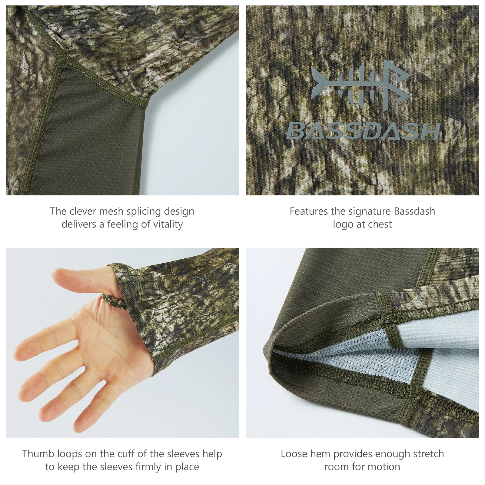 Camisa de manga larga Bassdash para hombre, de camuflaje para caza, rendimiento para pesca, sudadera con camuflaje, musgo, madera, juncos, bosque SD1