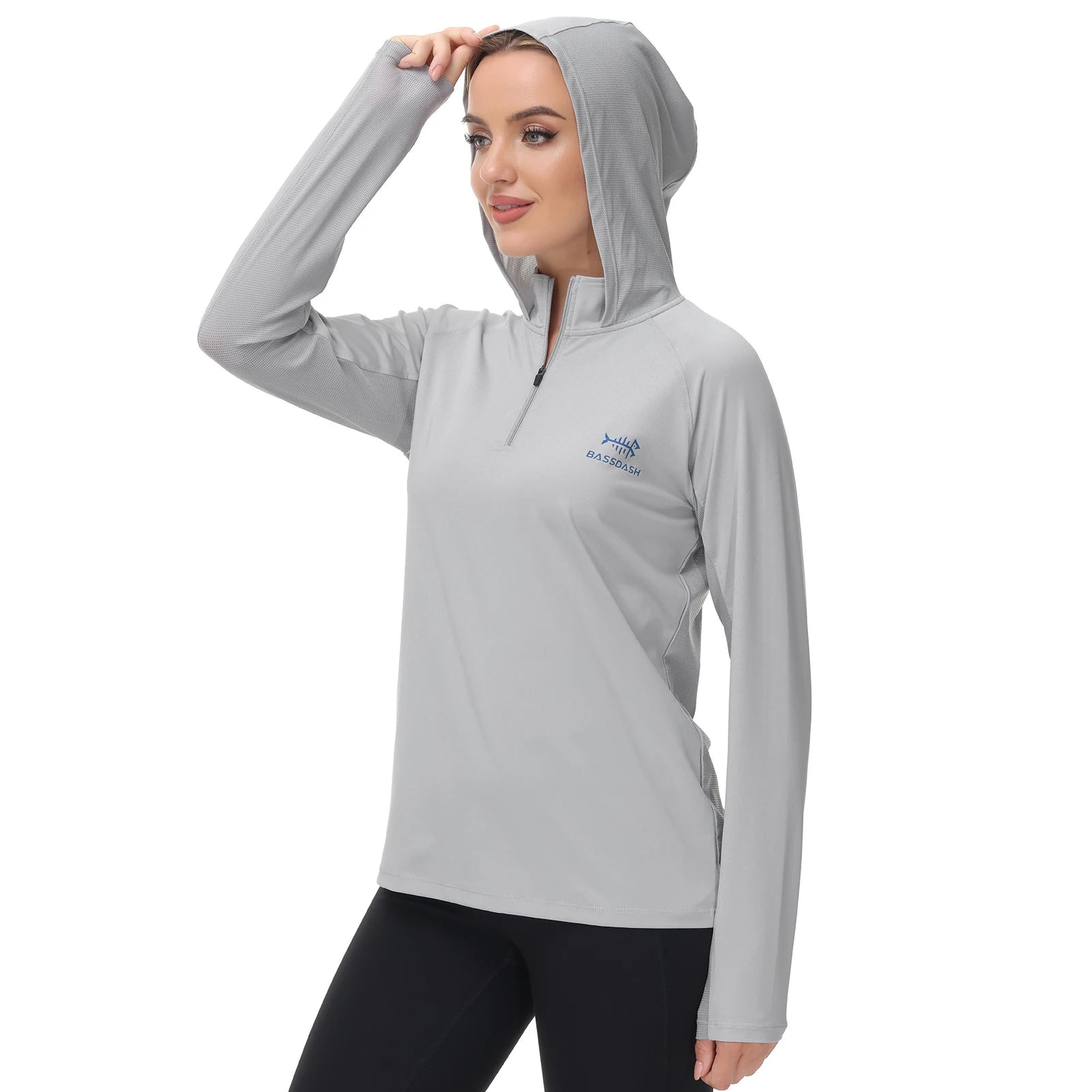 Camiseta Bassdash de manga larga con capucha y media cremallera para mujer, con protección UV UPF 50+, ideal para pesca y senderismo
