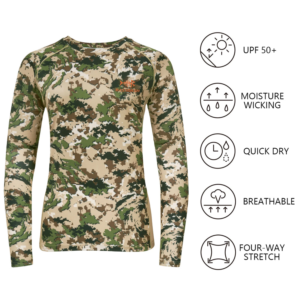 Camisa de caza de camuflaje Bassdash para mujer, manga larga, protección solar UPF 50+, rendimiento, pesca, senderismo