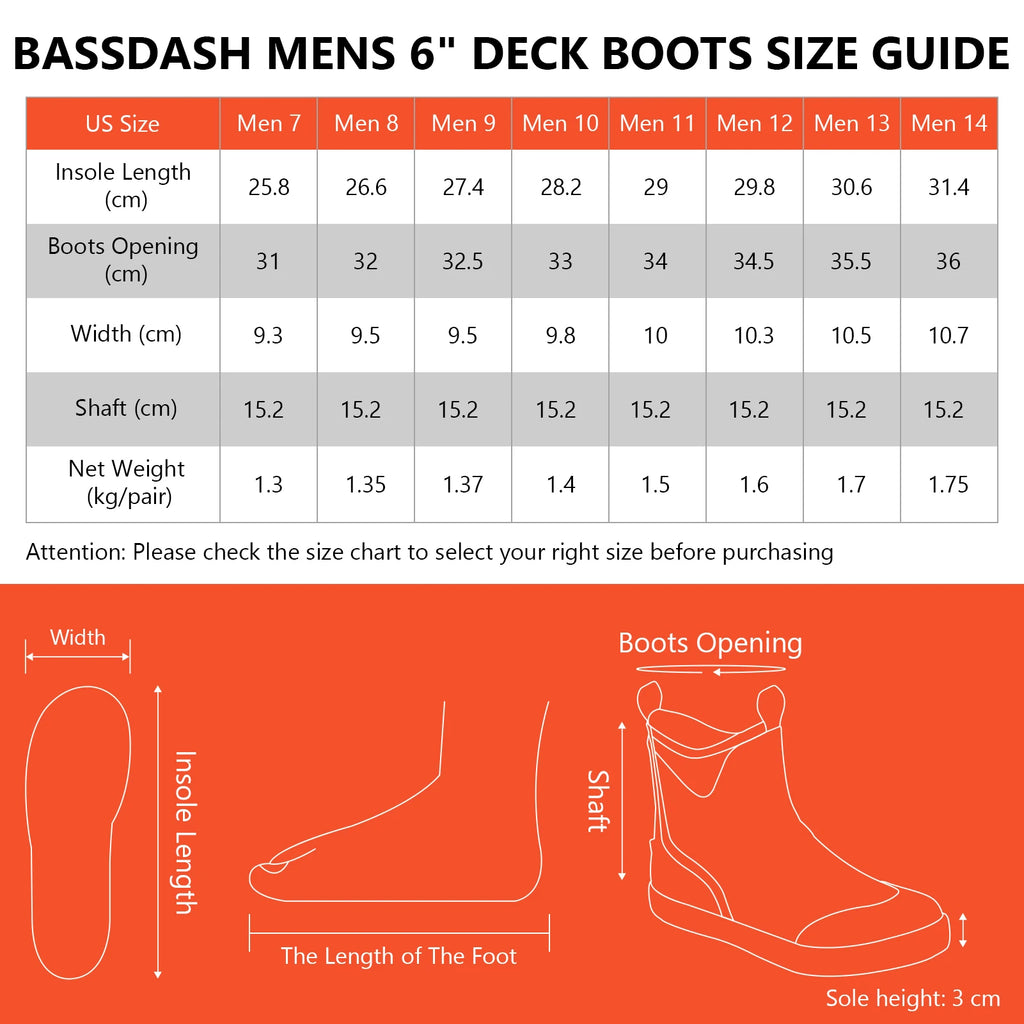 BASSDASH Men’s 6" Waterproof Deck Boots with Breathable Lining Anti-slip Neoprene Rubber Ankle Rain Boots for Fishing Boating