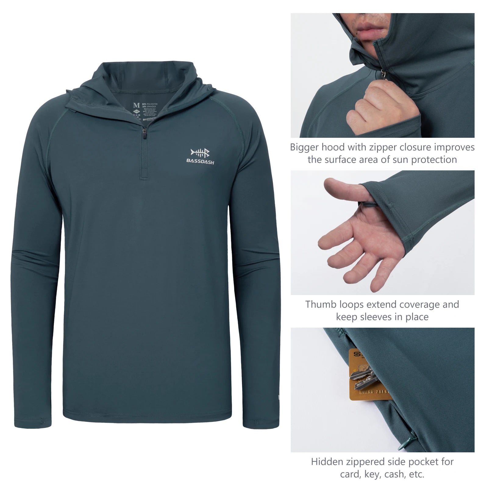 BASSDASH Men’s 1/4 Zip Fishing Hoodie Shirt UPF 50+ Quick Dry Performance Long Sleeve Sun Protection FS24M