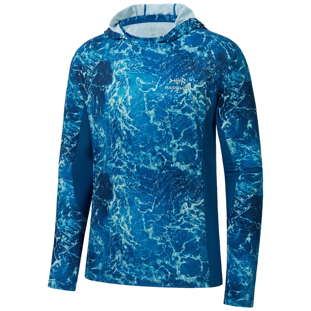 BASSDASH - Sudadera con capucha de manga larga para hombre, con protección solar, para pesca, senderismo, UPF 50+, camuflaje, con mascarilla y polaina ligera para el cuello