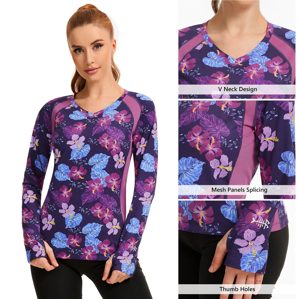 BASSDASH - Camiseta de pesca antiarrugas para mujer, con protección solar UPF 50+, cuello en V, transpirable, para senderismo