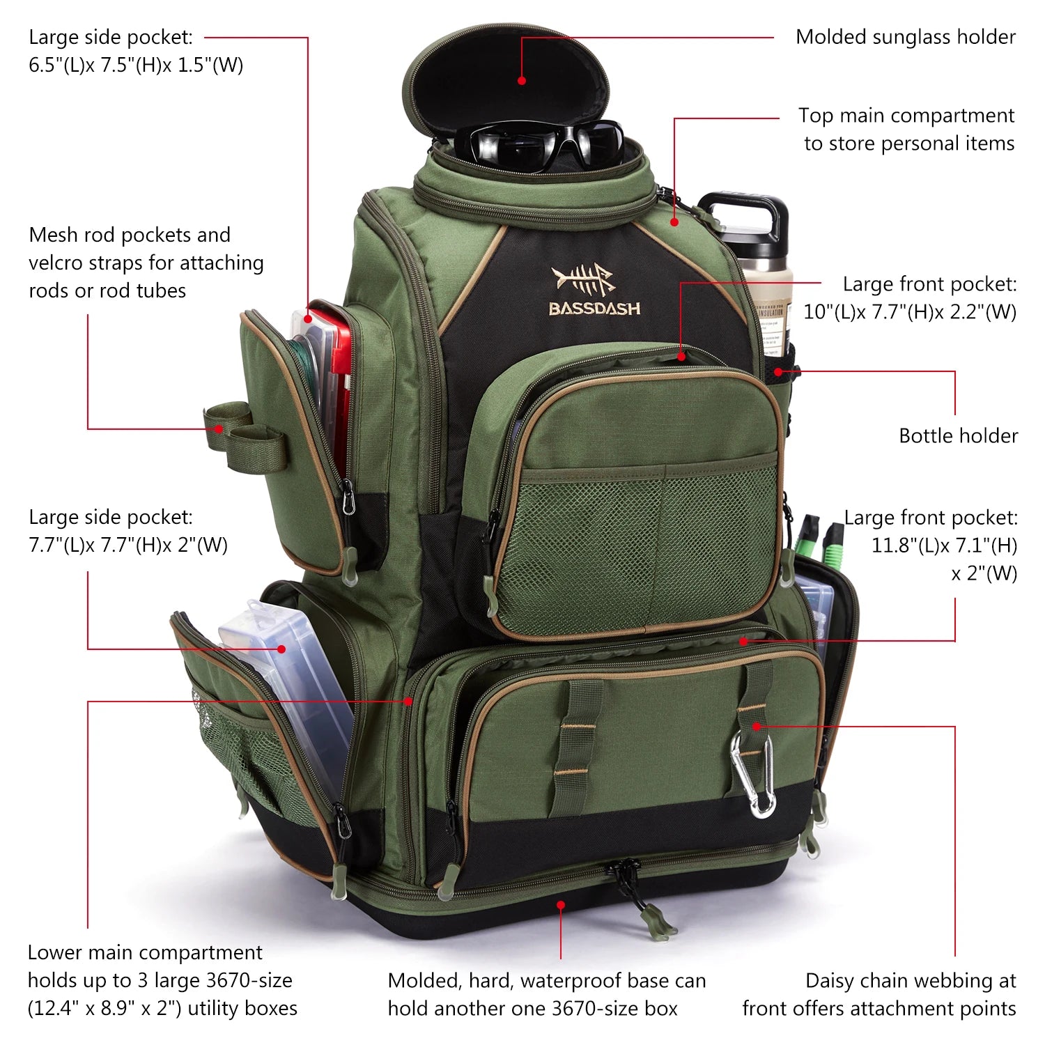 Mochila táctica verde militar Bassdash para pesca, bolsa de hombro con funda protectora para lluvia SD2