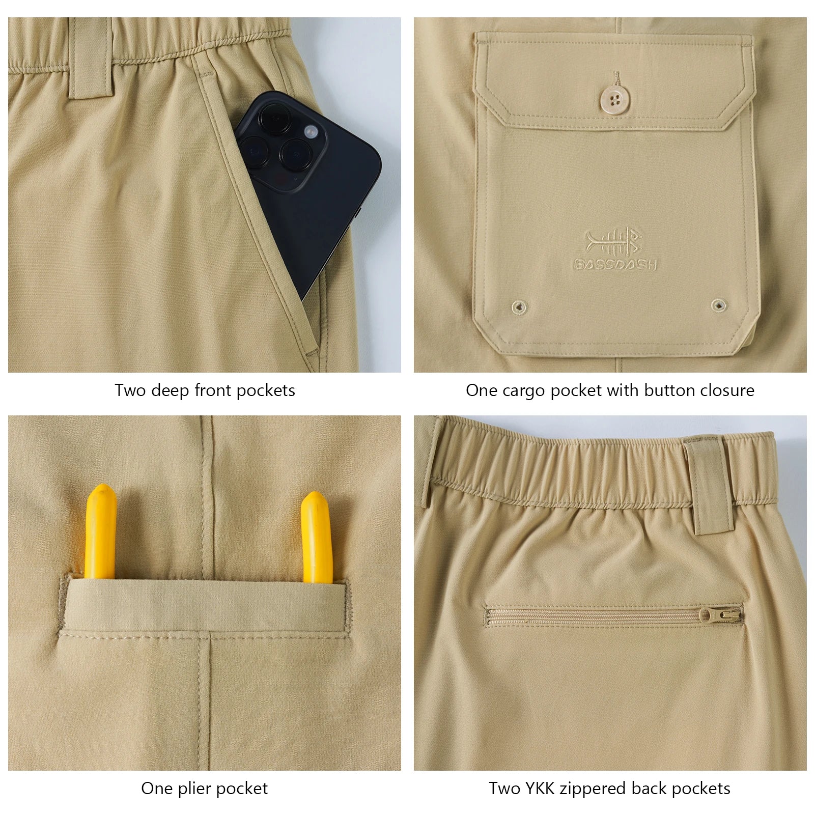 Pantalones cargo de pesca para hombre BASSDASH, resistentes al agua, de secado rápido, ligeros, UPF 50+ para senderismo al aire libre, cintura elástica