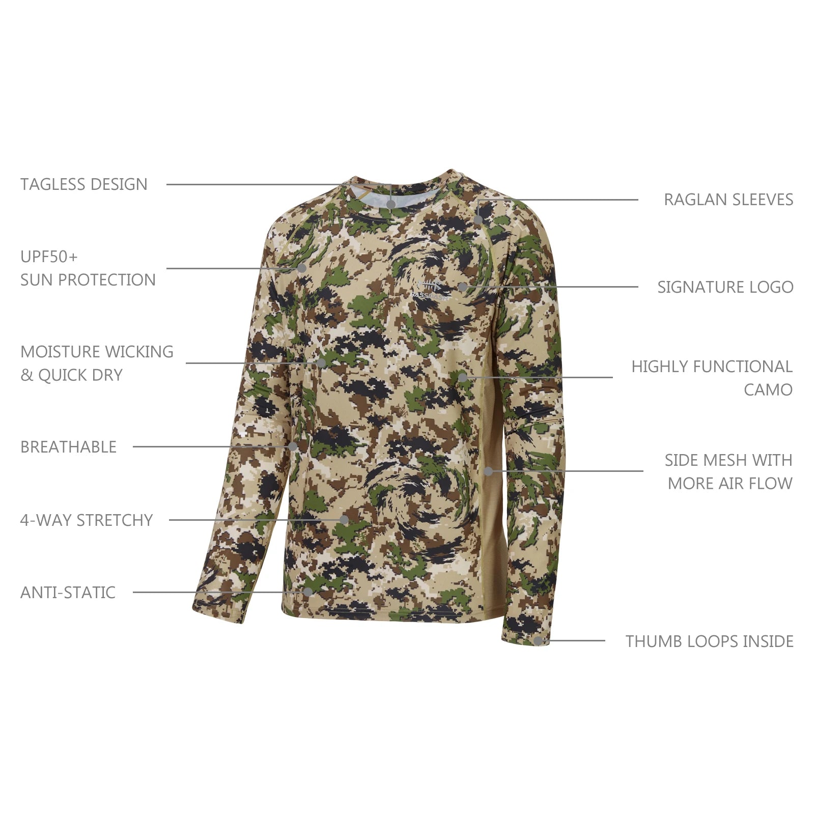 Camisa de manga larga Bassdash para hombre, de camuflaje para caza, rendimiento para pesca, sudadera con camuflaje, musgo, madera, juncos, bosque SD1