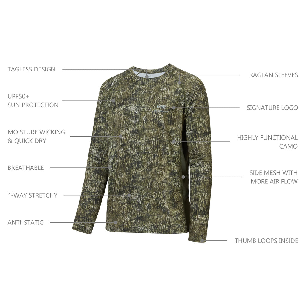 Camisa de manga larga Bassdash para hombre, de camuflaje para caza, rendimiento para pesca, sudadera con camuflaje, musgo, madera, juncos, bosque SD1
