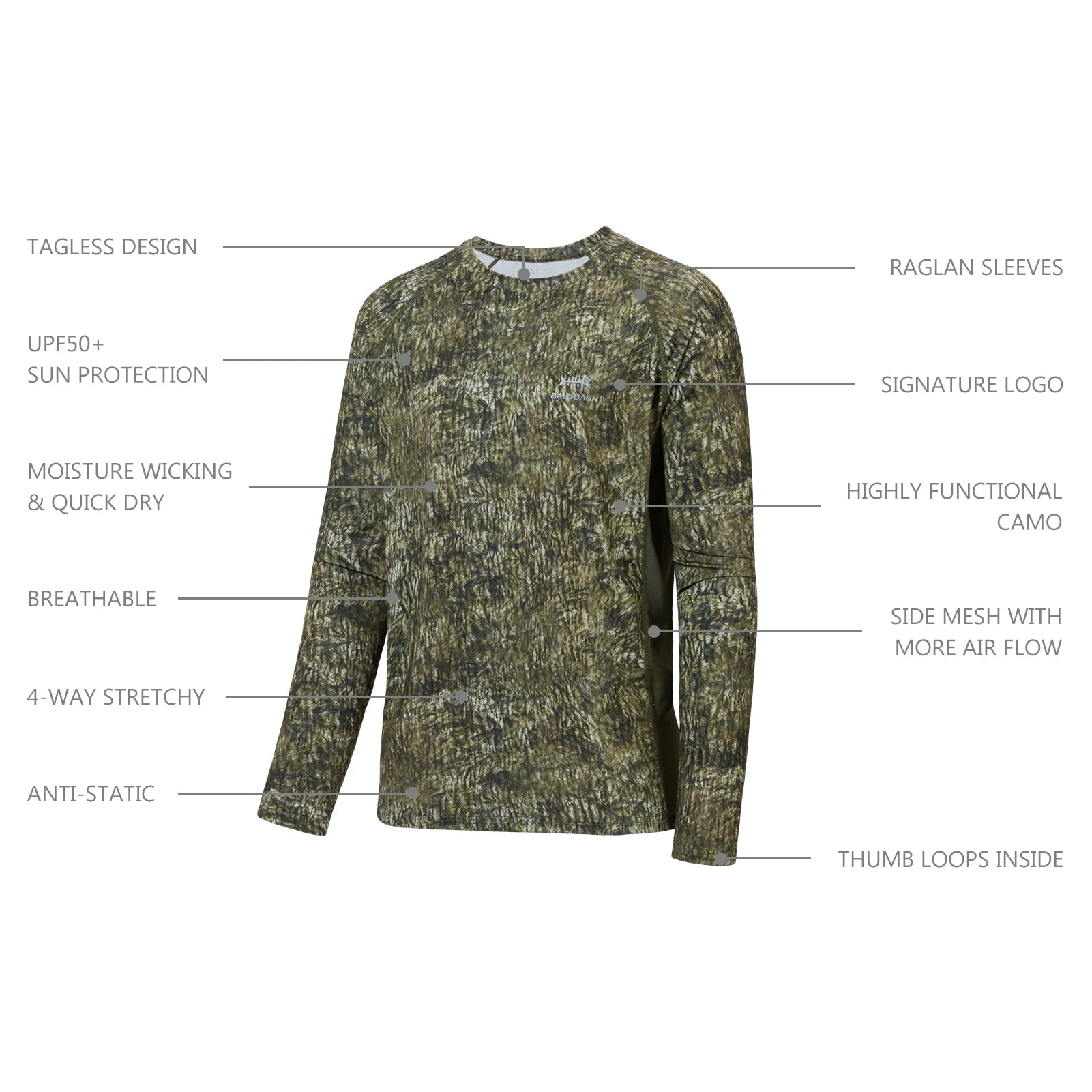Camisa de manga larga Bassdash para hombre, de camuflaje para caza, rendimiento para pesca, sudadera con camuflaje, musgo, madera, juncos, bosque SD1