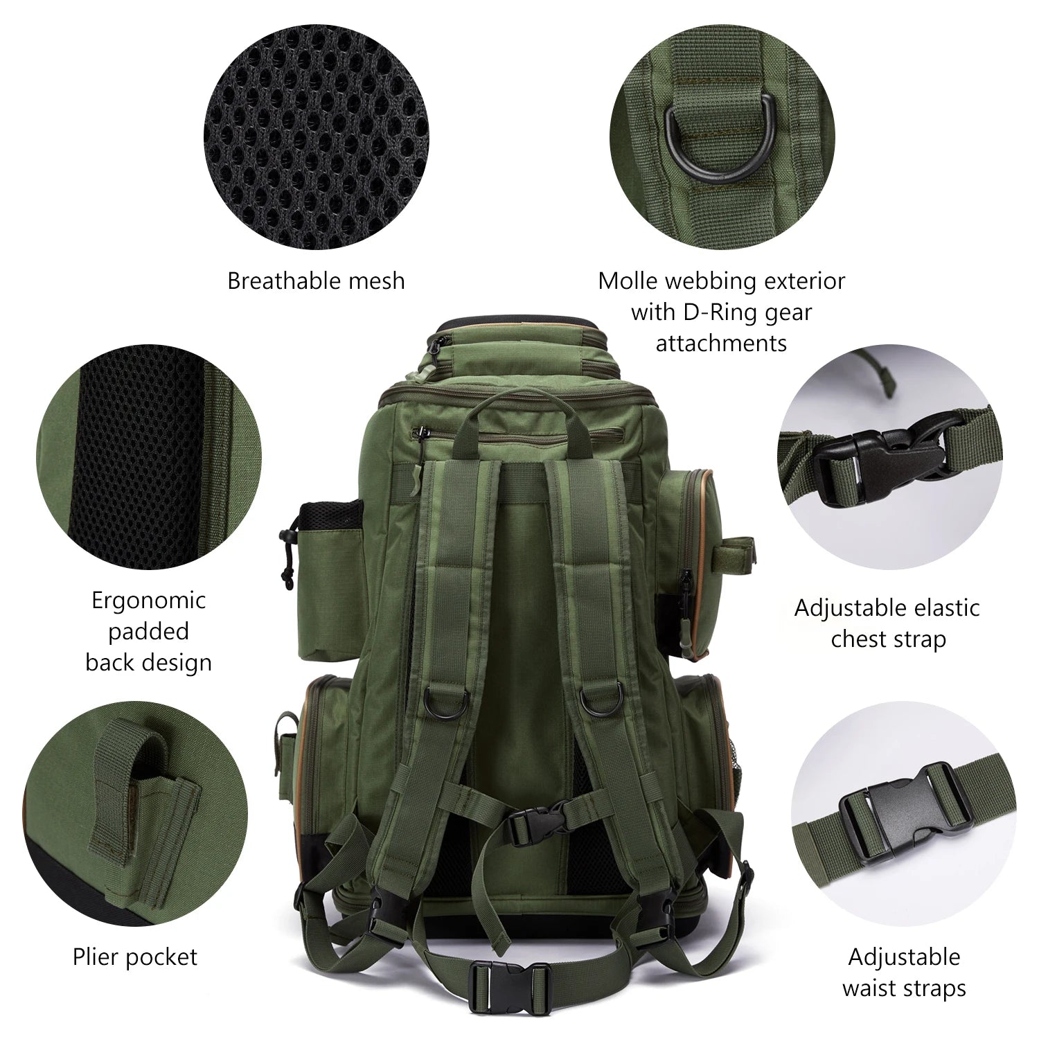 Mochila táctica verde militar Bassdash para pesca, bolsa de hombro con funda protectora para lluvia SD2