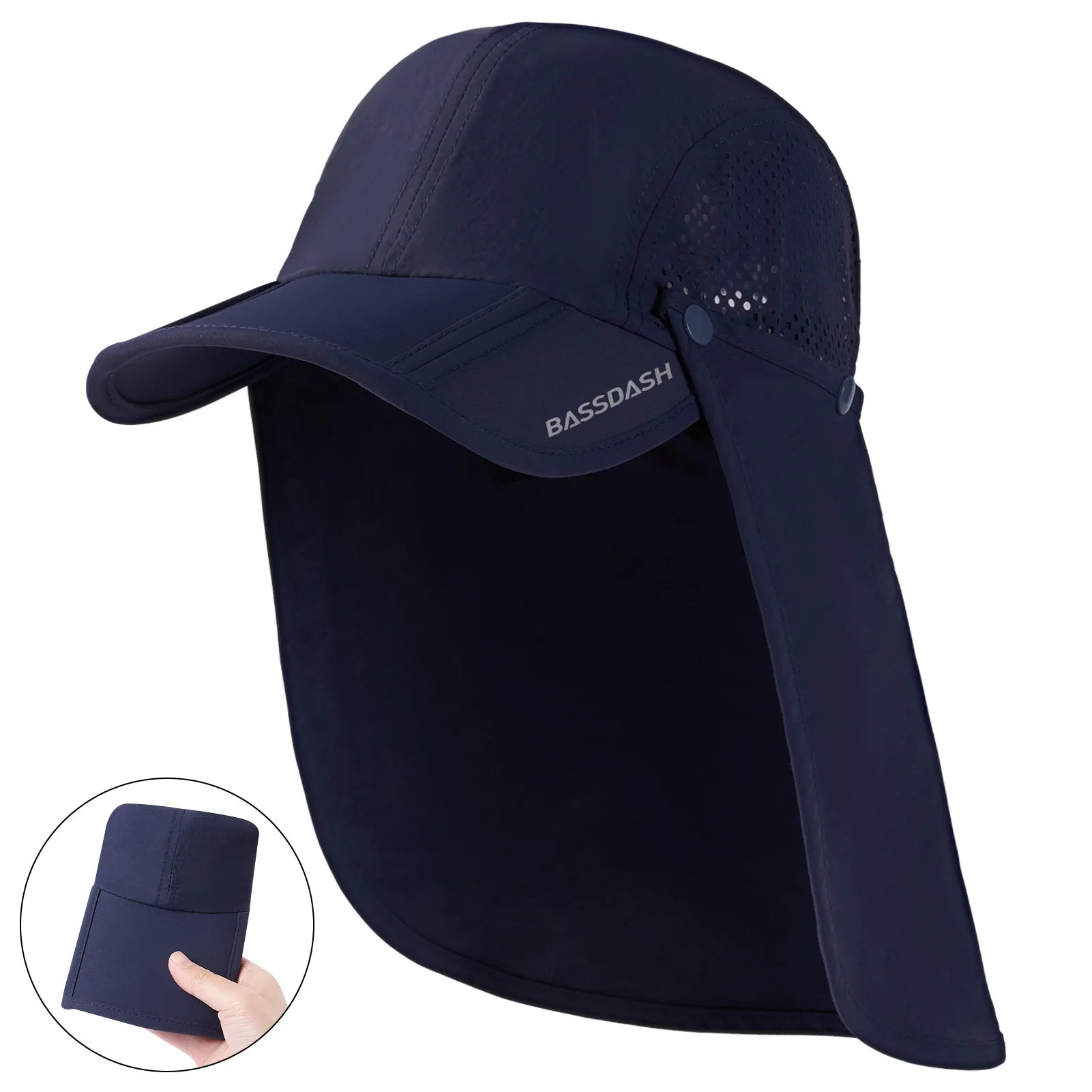 BASSDASH UPF 50+ Foldable Fishing Hat Baseball Cap with Removable Neck Flap Portable for Men Women Golf Hiking